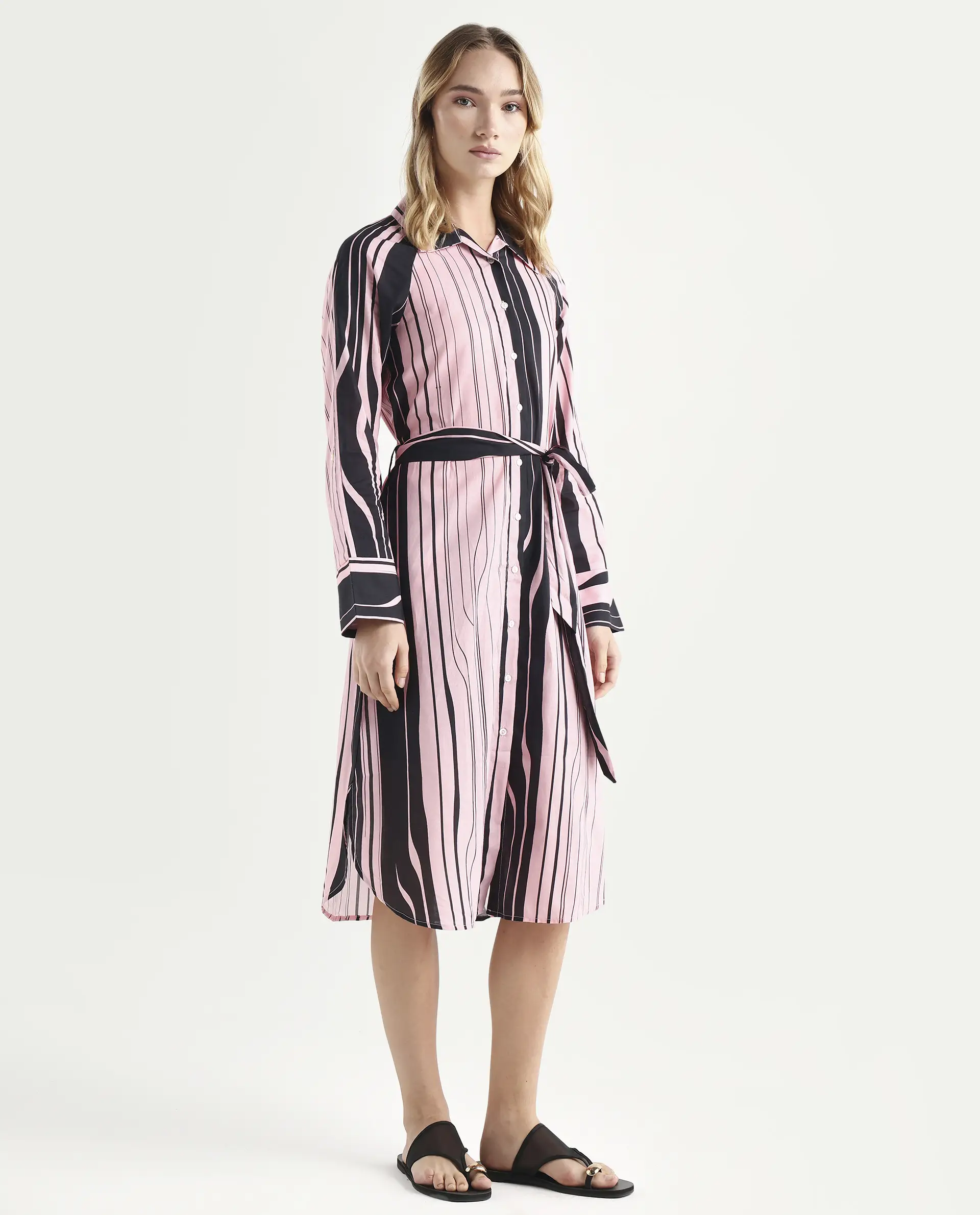 Rareism Women's Fraser Dark Pink Cotton Spread Collar Striped Cuffed Sleeve Midi Fit And Flare Dress - Image 6