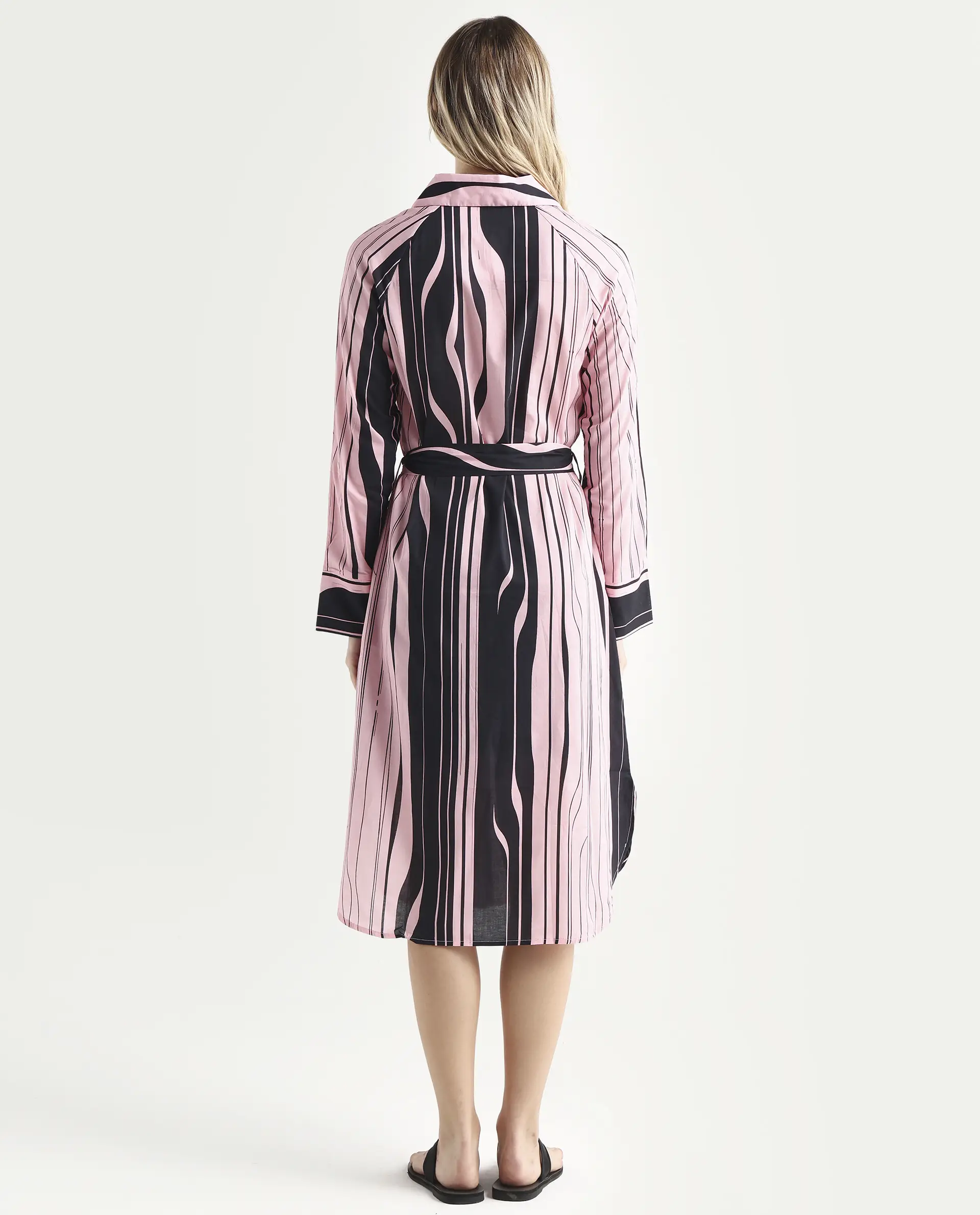Rareism Women's Fraser Dark Pink Cotton Spread Collar Striped Cuffed Sleeve Midi Fit And Flare Dress - Image 7