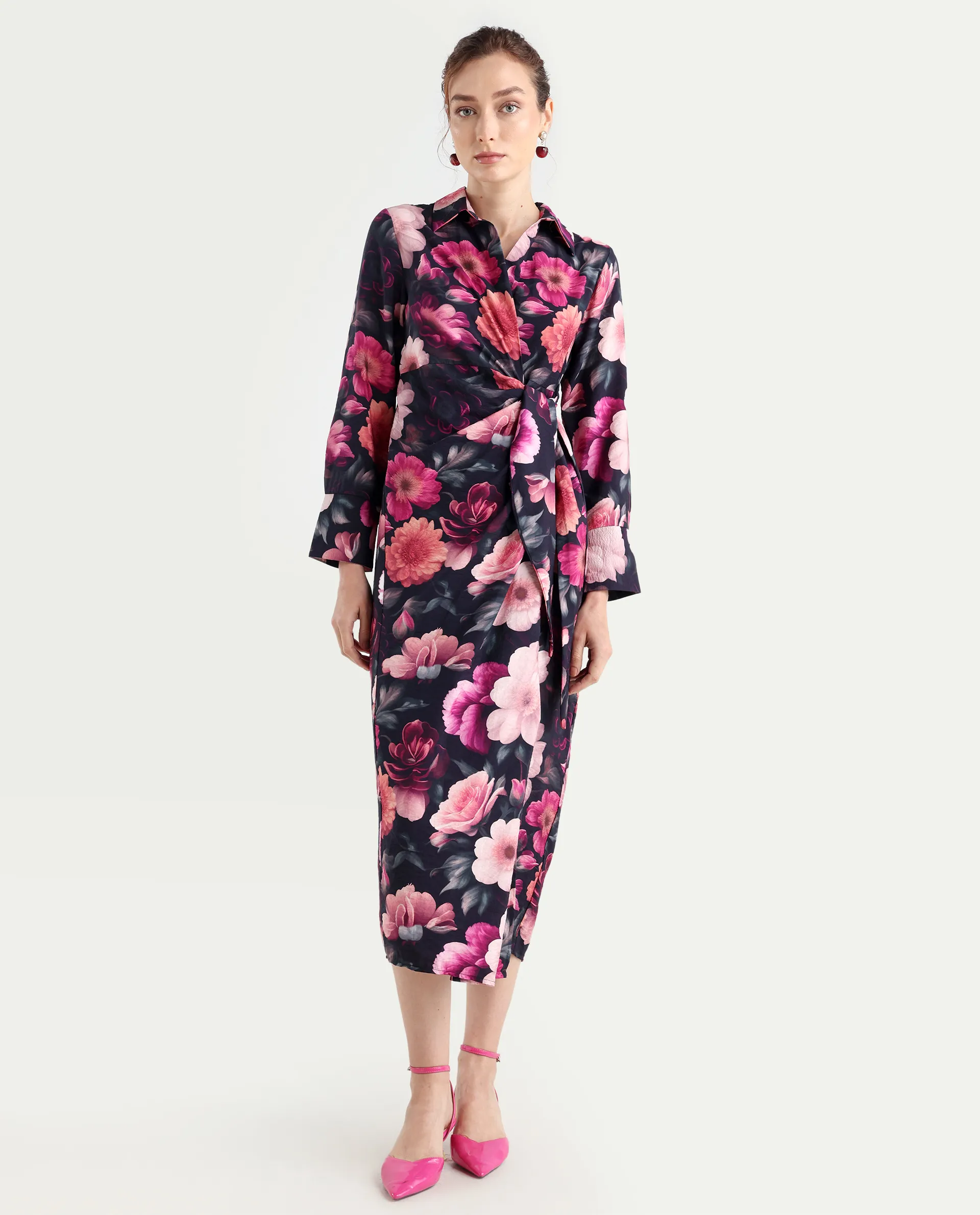 Rareism Women's Frastio Sc Black Viscose Blend Drop Collar Floral Print Extended Sleeves Maxi Straight Fit Dress - Image 3