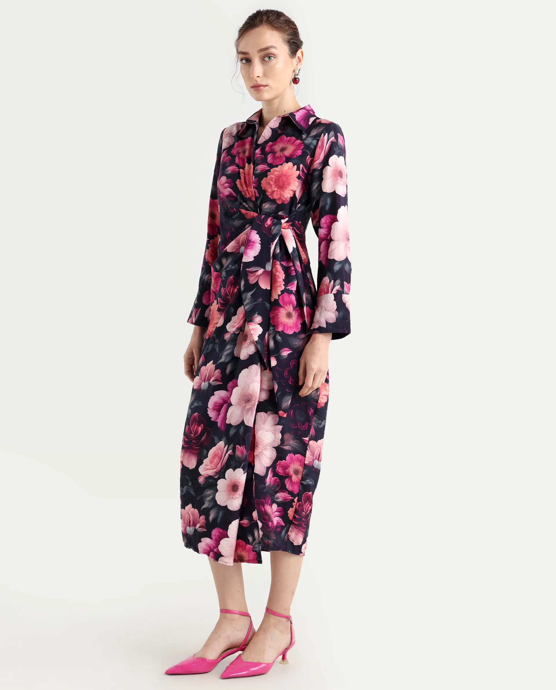 Rareism Women's Frastio Sc Black Viscose Blend Drop Collar Floral Print Extended Sleeves Maxi Straight Fit Dress - Image 6