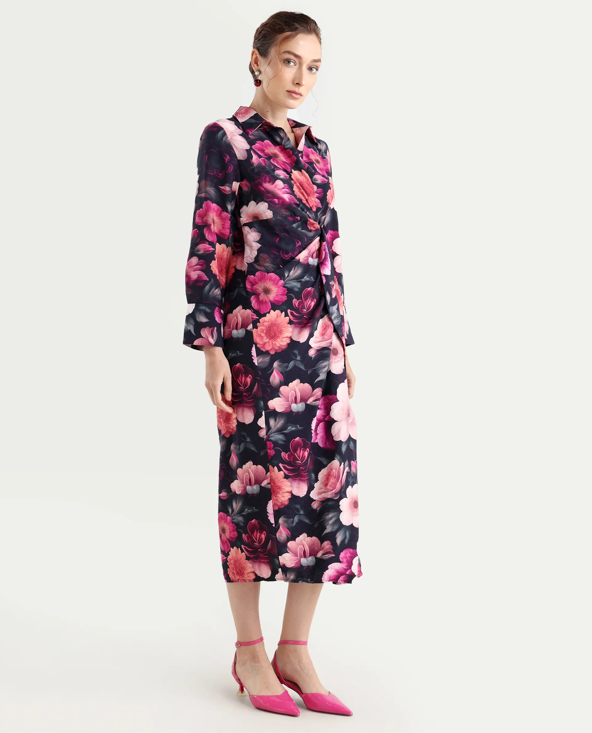 Rareism Women's Frastio Sc Black Viscose Blend Drop Collar Floral Print Extended Sleeves Maxi Straight Fit Dress - Image 7