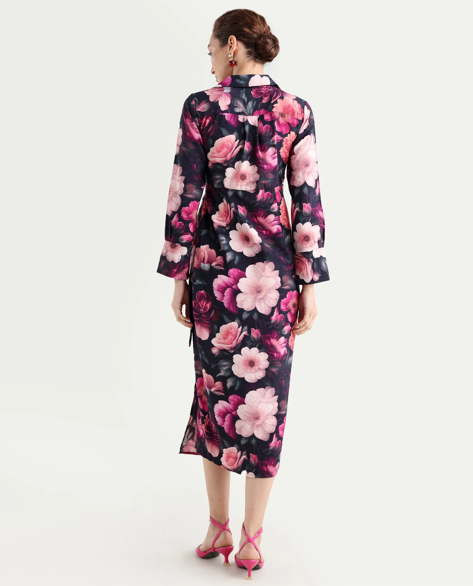 Rareism Women's Frastio Sc Black Viscose Blend Drop Collar Floral Print Extended Sleeves Maxi Straight Fit Dress - Image 8