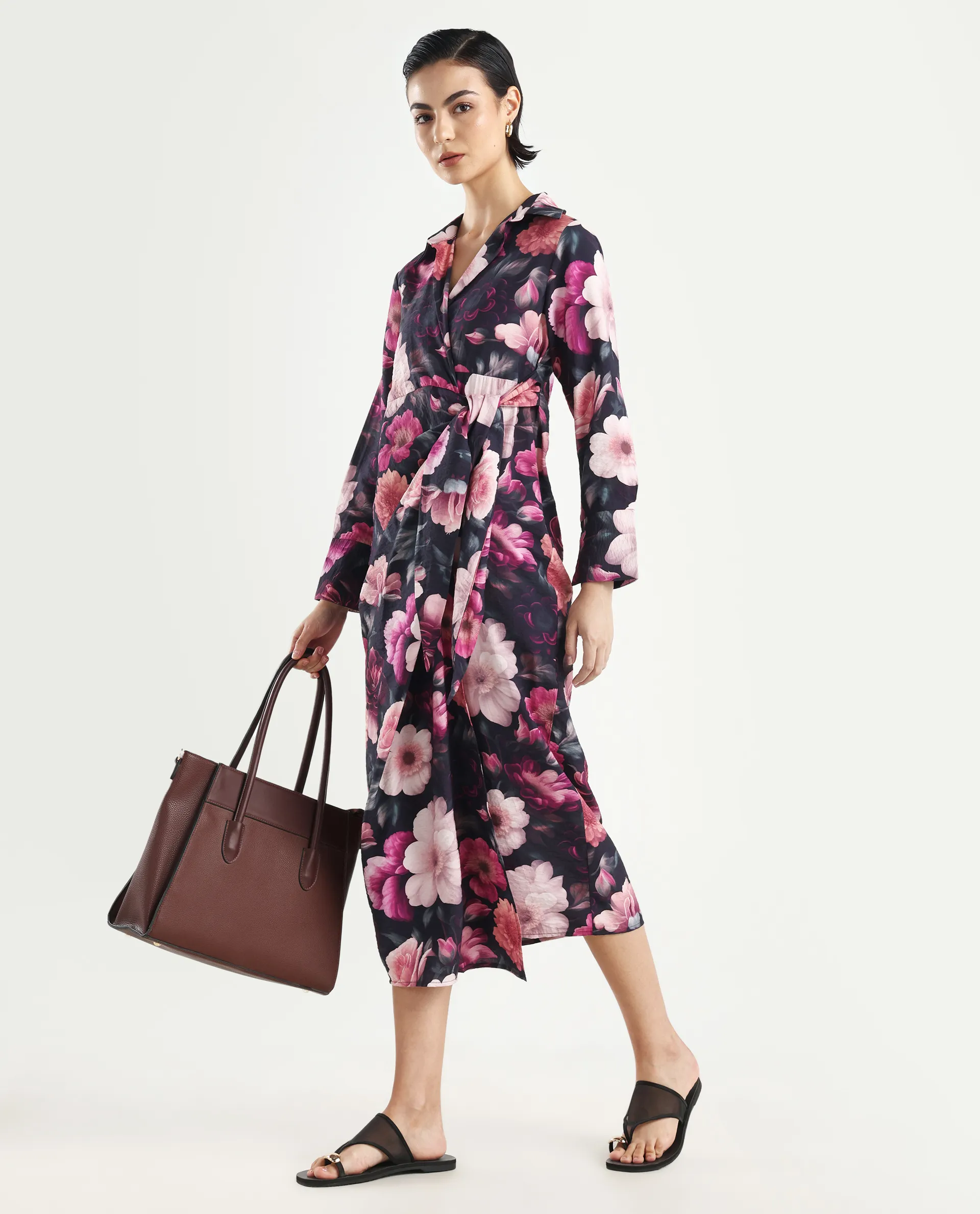 Rareism Women's Frastio Black Viscose Blend Drop Collar Floral Print Extended Sleeves Maxi Straight Fit Dress - Image 2