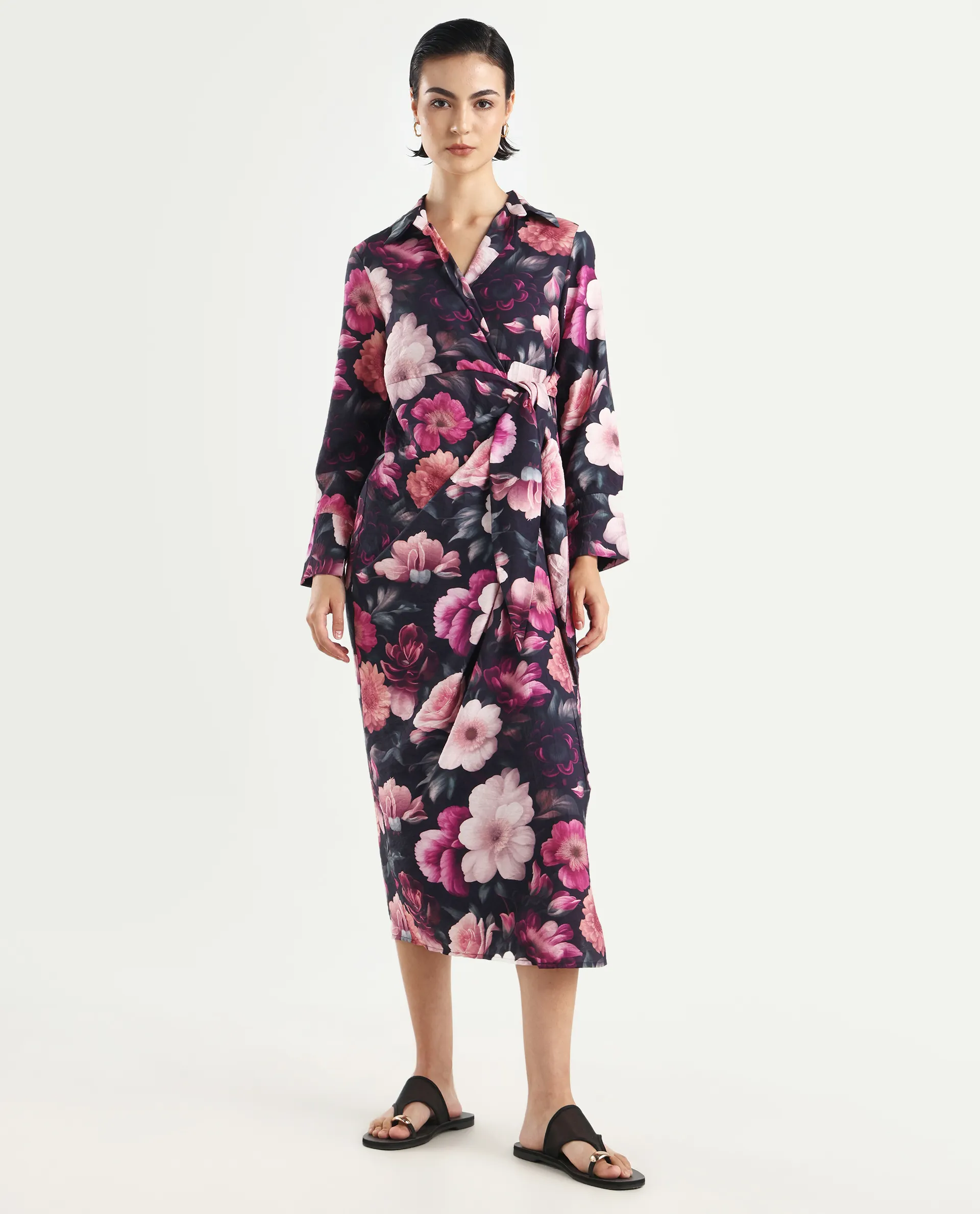 Rareism Women's Frastio Black Viscose Blend Drop Collar Floral Print Extended Sleeves Maxi Straight Fit Dress - Image 3
