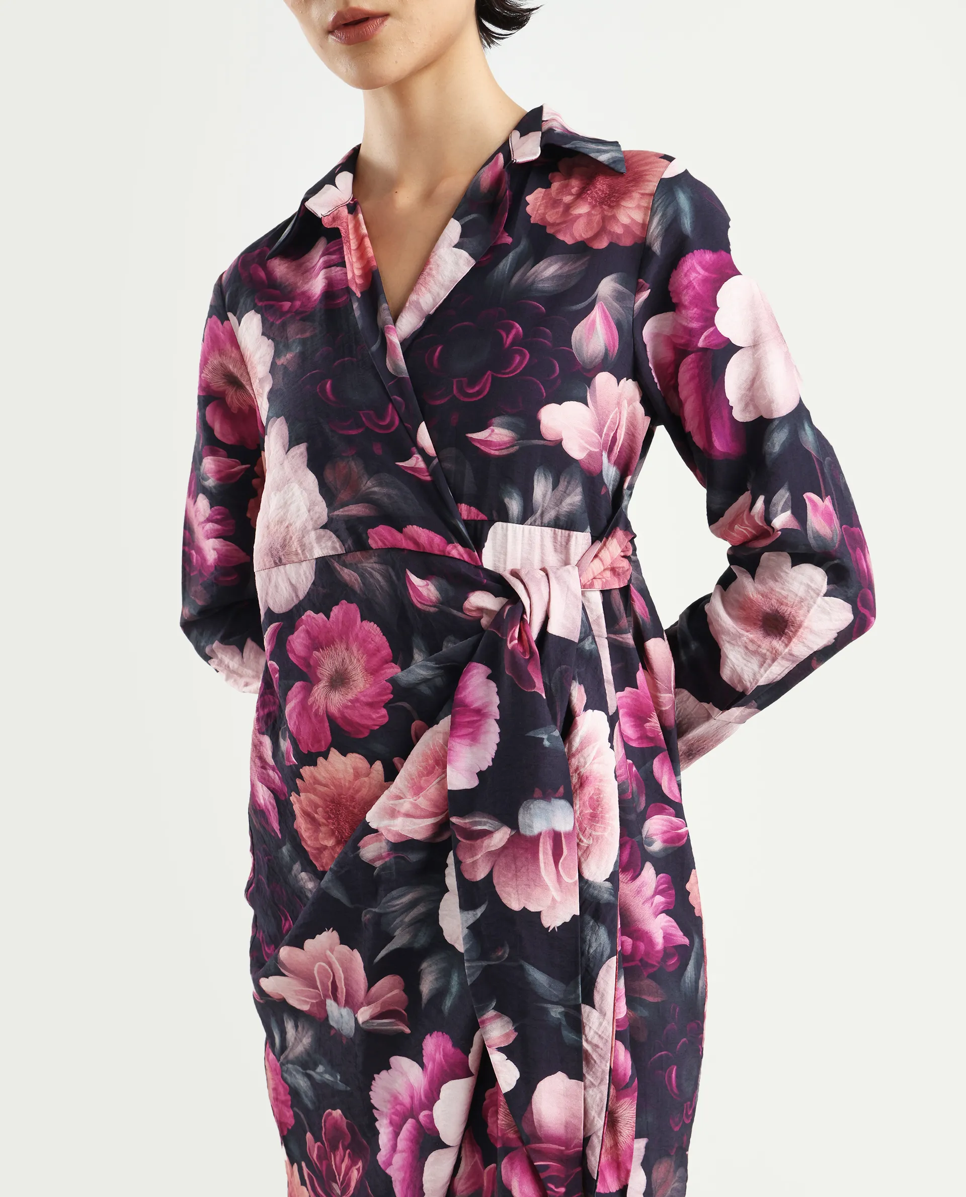 Rareism Women's Frastio Black Viscose Blend Drop Collar Floral Print Extended Sleeves Maxi Straight Fit Dress - Image 4