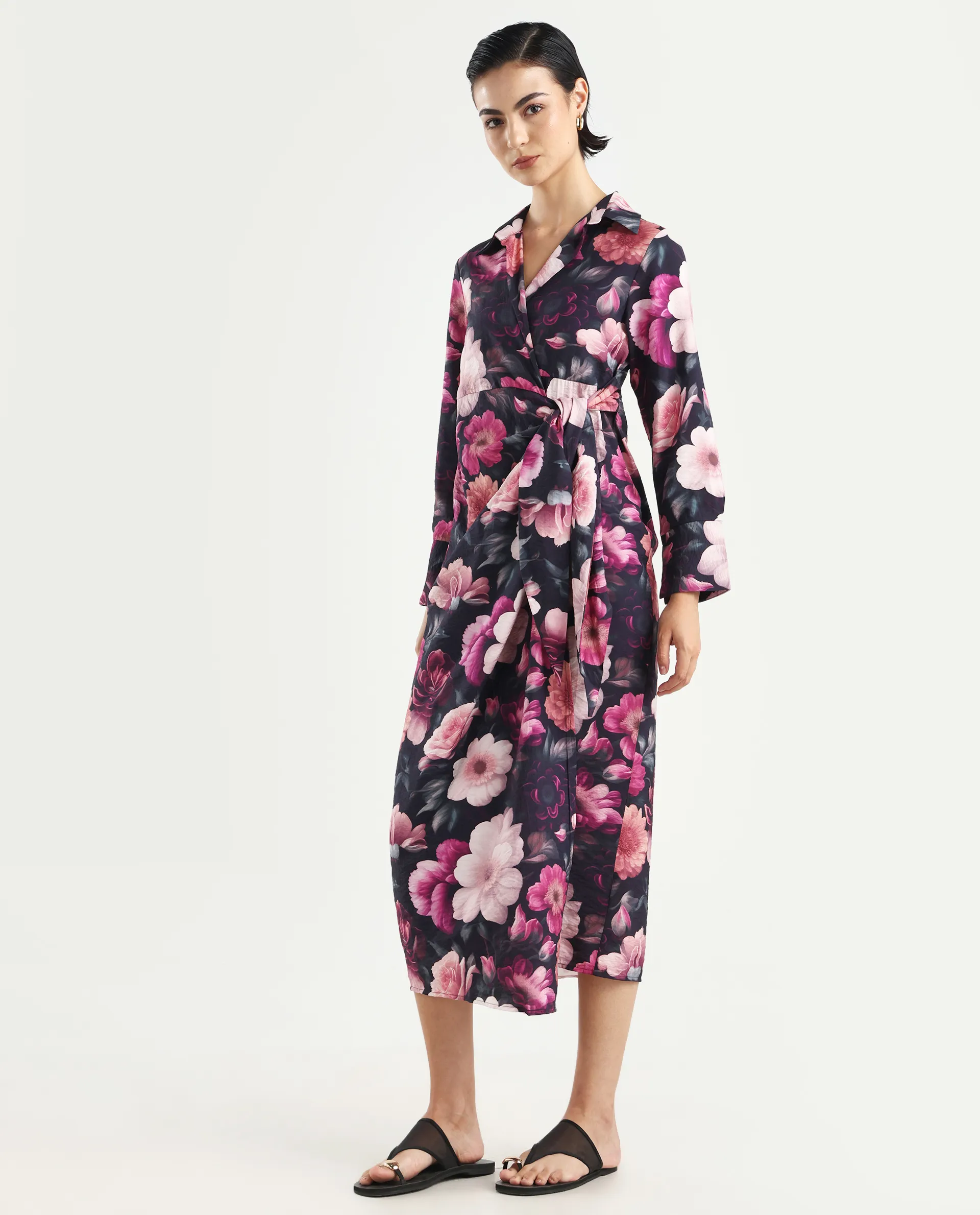 Rareism Women's Frastio Black Viscose Blend Drop Collar Floral Print Extended Sleeves Maxi Straight Fit Dress - Image 5