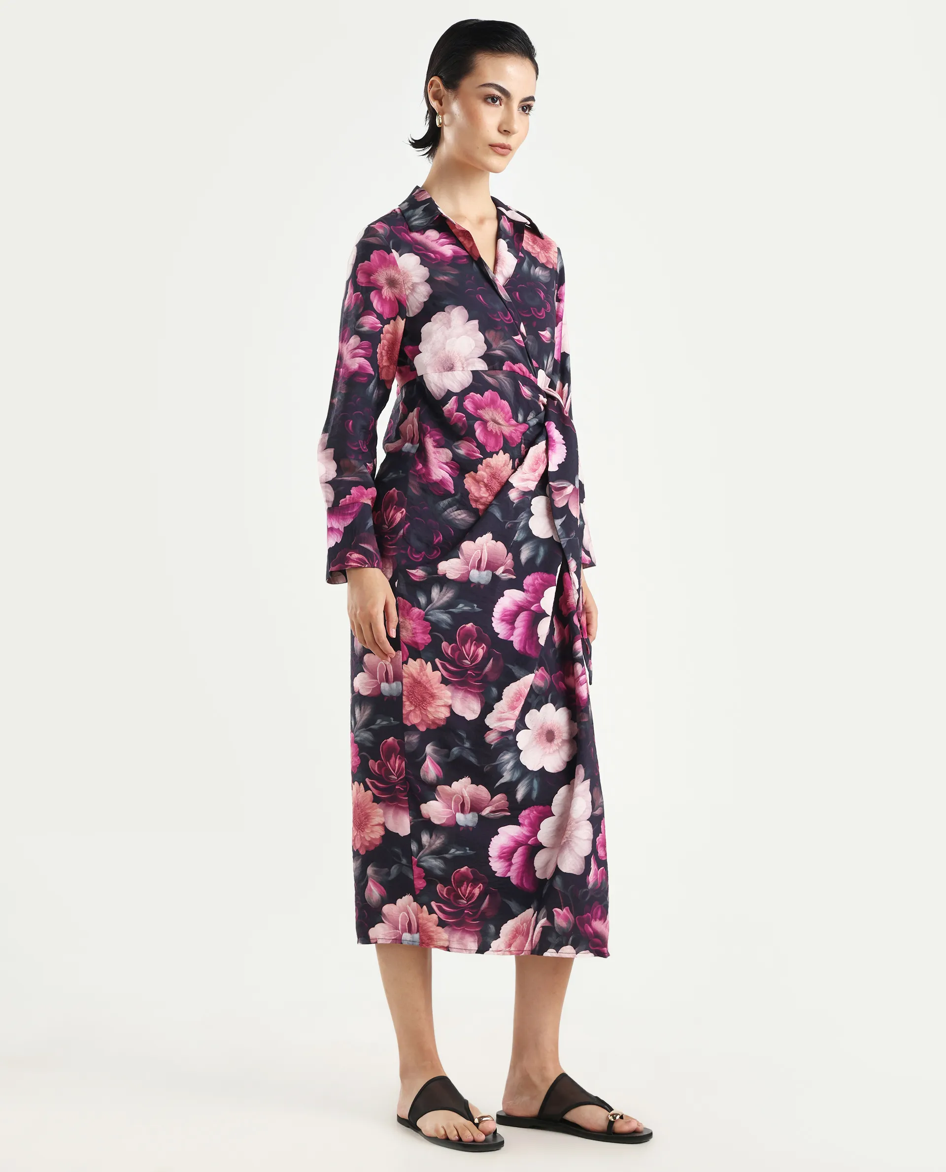 Rareism Women's Frastio Black Viscose Blend Drop Collar Floral Print Extended Sleeves Maxi Straight Fit Dress - Image 6