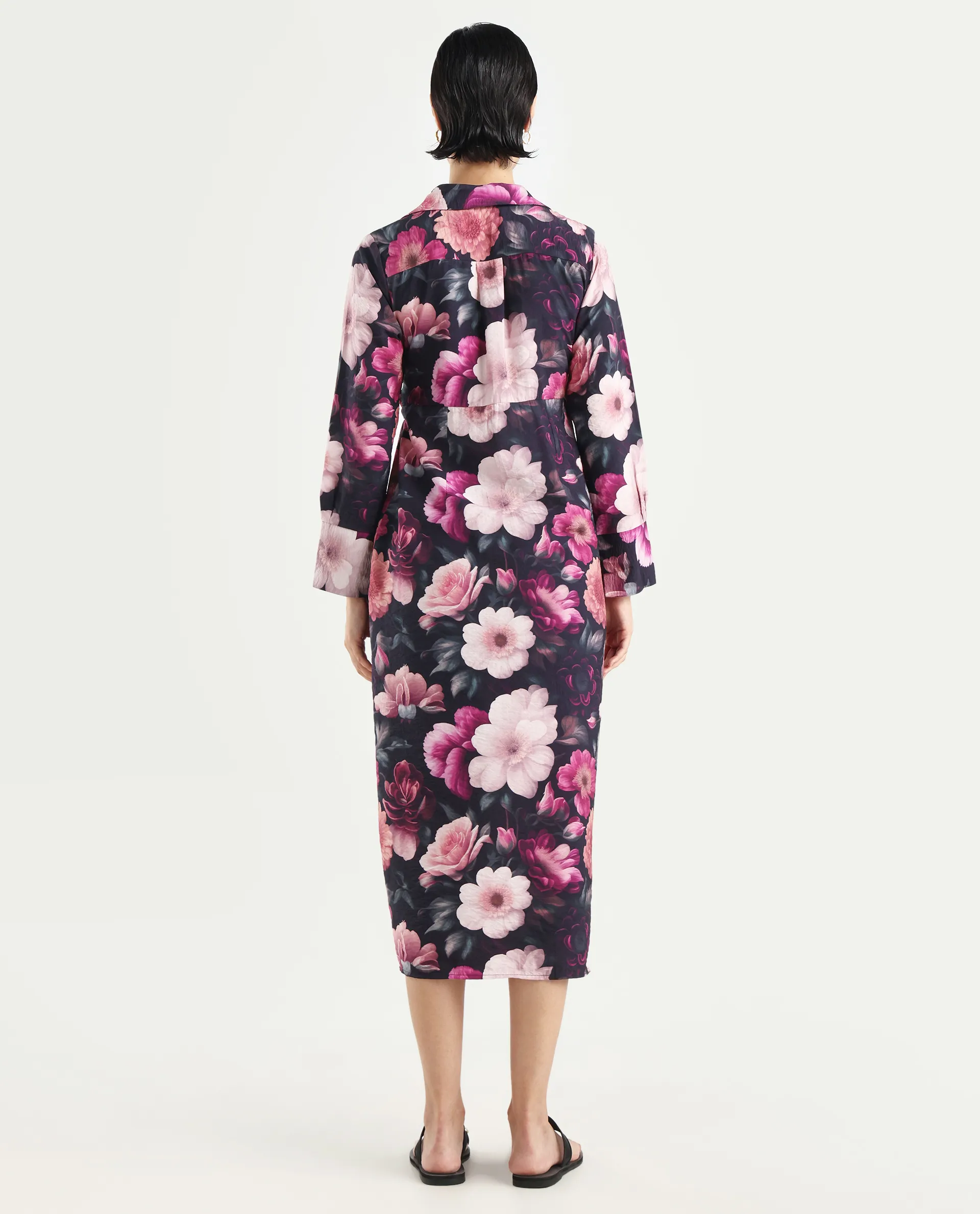 Rareism Women's Frastio Black Viscose Blend Drop Collar Floral Print Extended Sleeves Maxi Straight Fit Dress - Image 7
