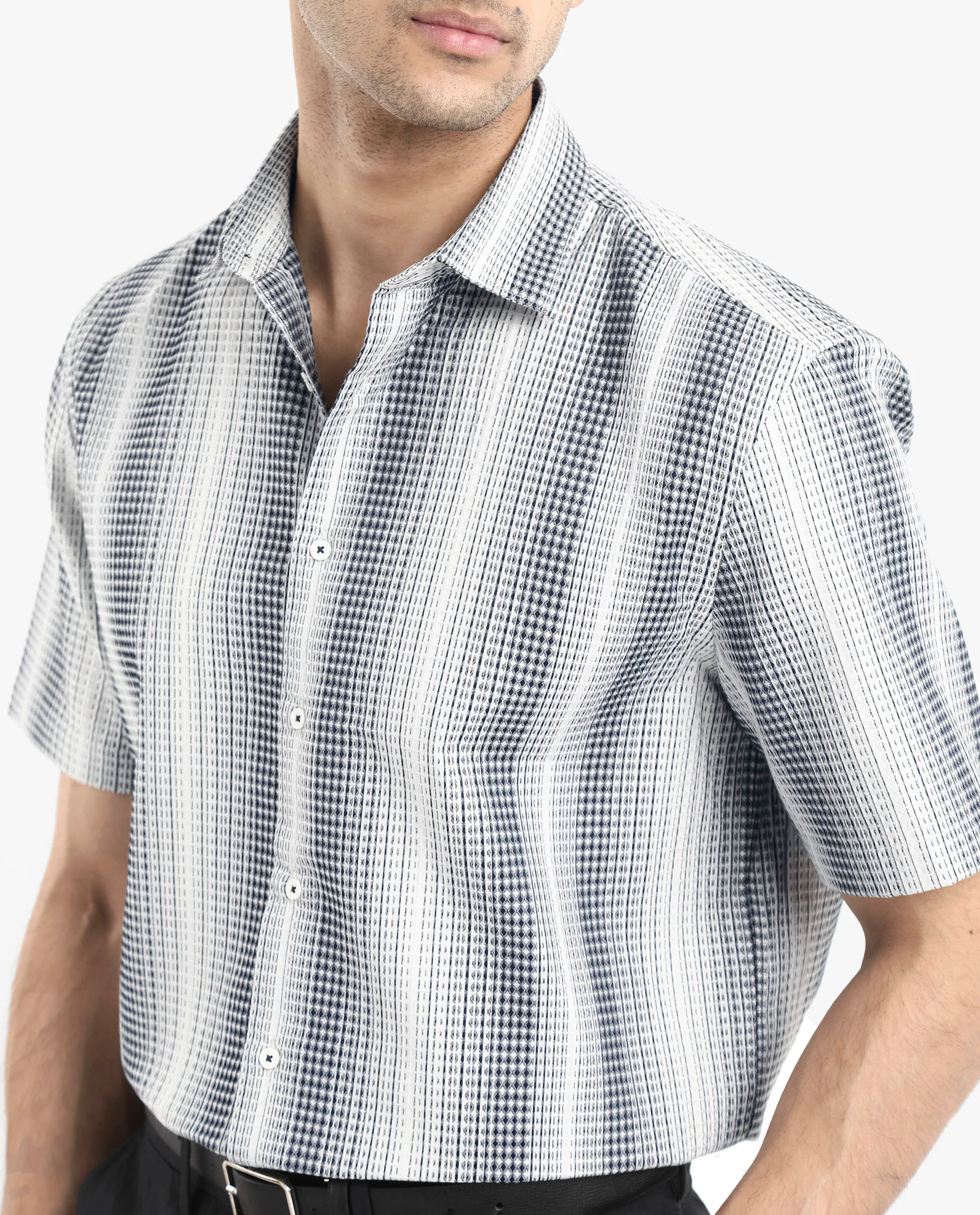Rare Rabbit Men's Frawla Dark Blue Cotton Striped Print Boxy Fit Half Sleeve Collared Shirt - Image 3