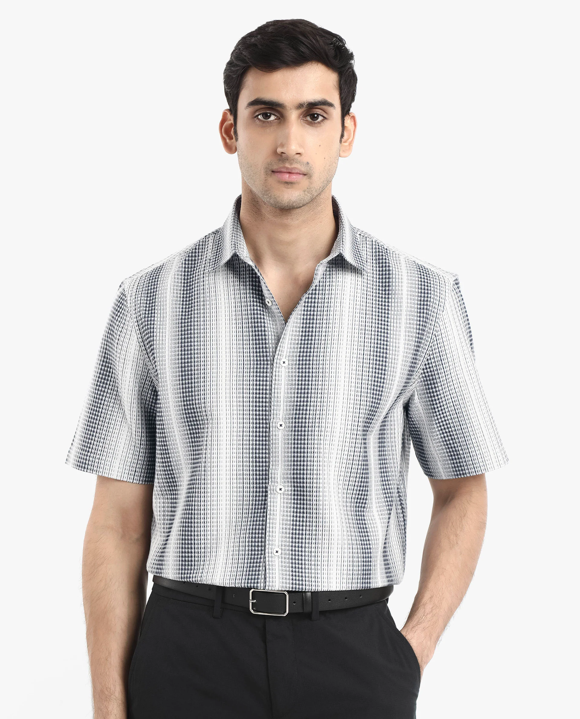 Rare Rabbit Men's Frawla Dark Blue Cotton Striped Print Boxy Fit Half Sleeve Collared Shirt - Image 4