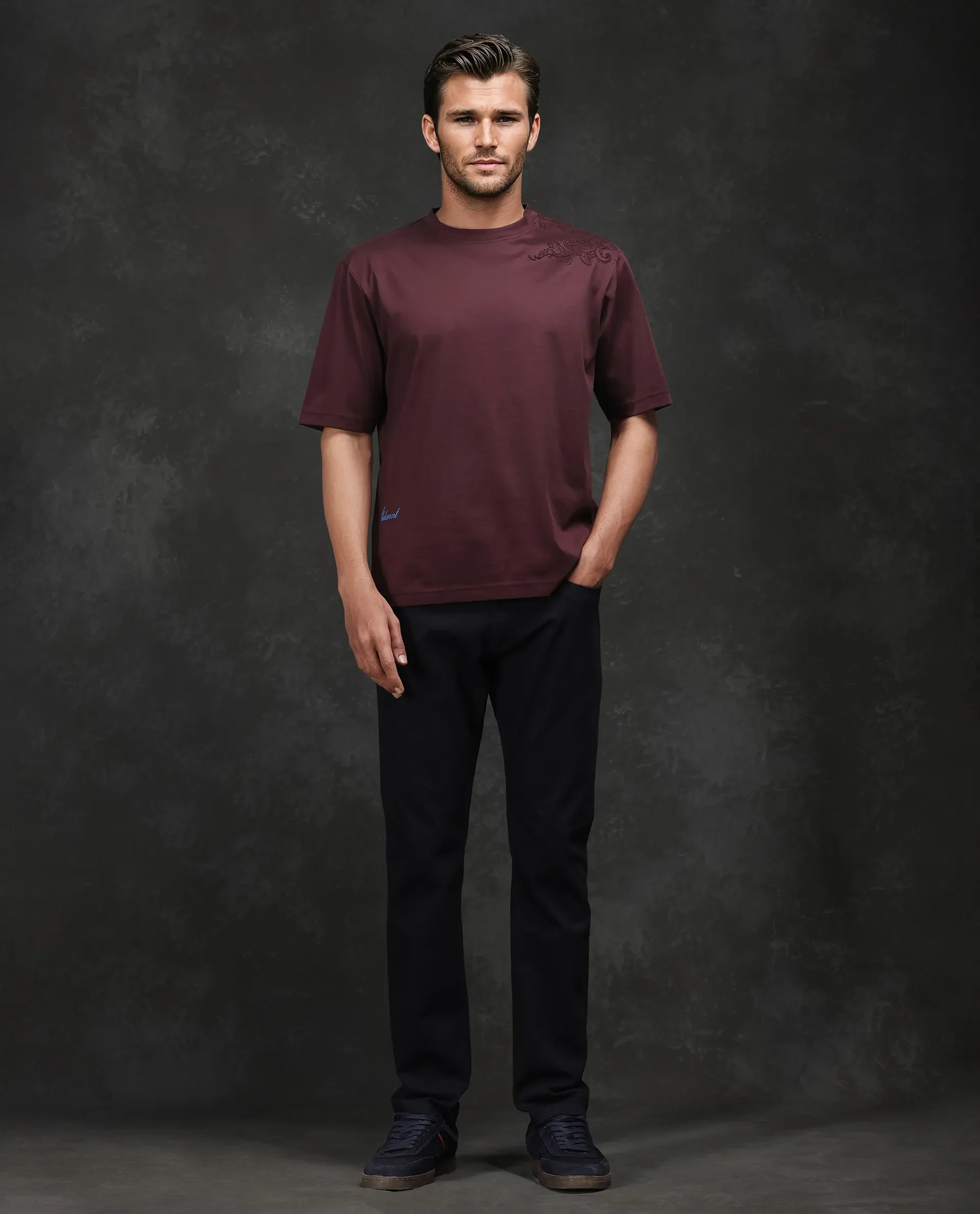 Rare Rabbit Men's Frax Brown Cotton Flock Print Barcelone Fit Half Sleeve Crew Neck T-Shirt - Image 2