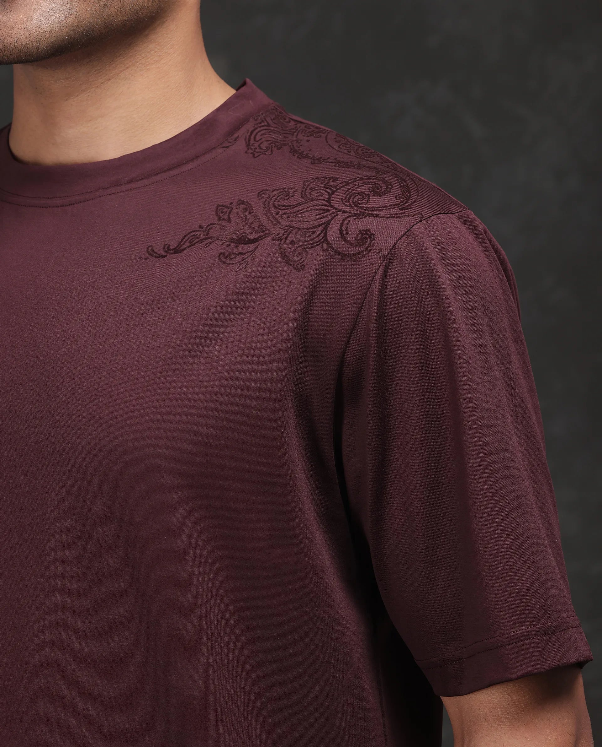 Rare Rabbit Men's Frax Brown Cotton Flock Print Barcelone Fit Half Sleeve Crew Neck T-Shirt - Image 3