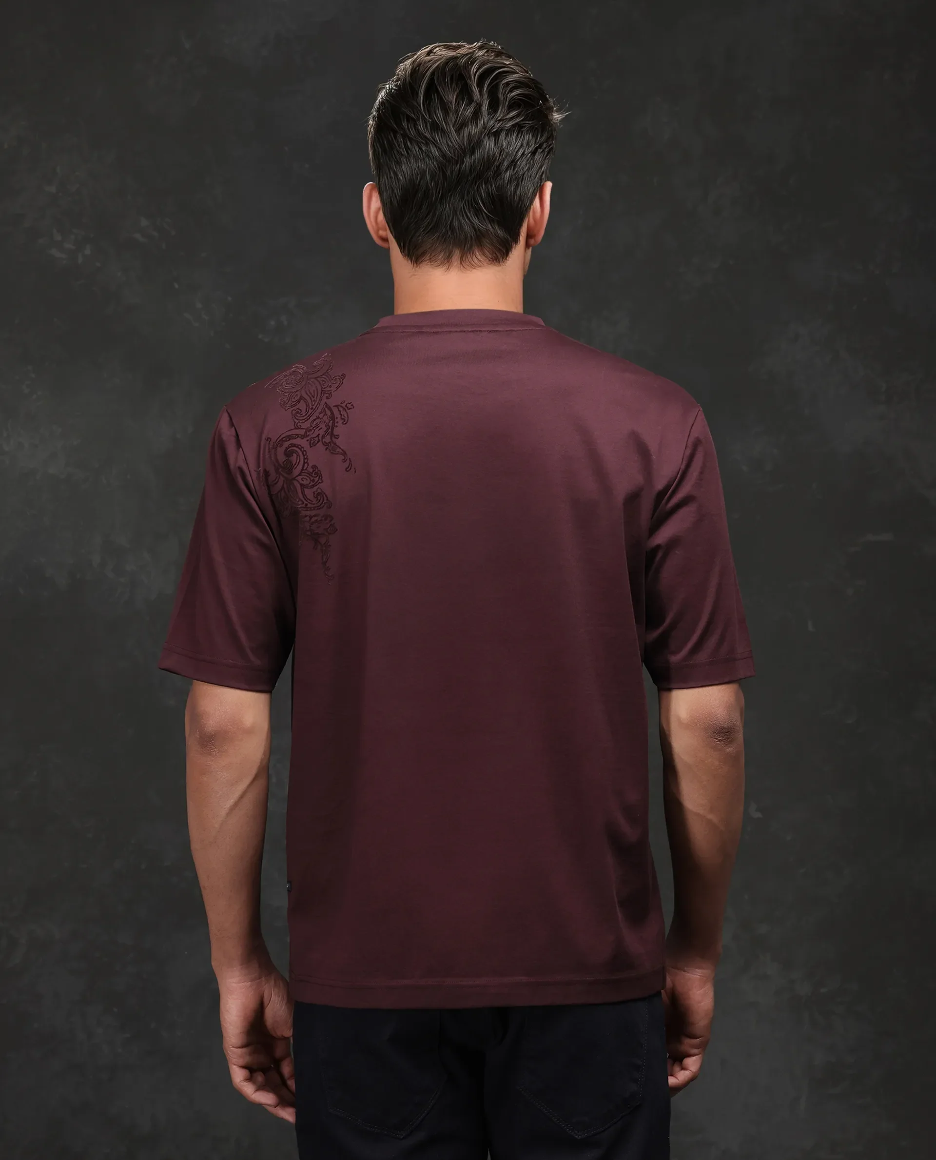 Rare Rabbit Men's Frax Brown Cotton Flock Print Barcelone Fit Half Sleeve Crew Neck T-Shirt - Image 4