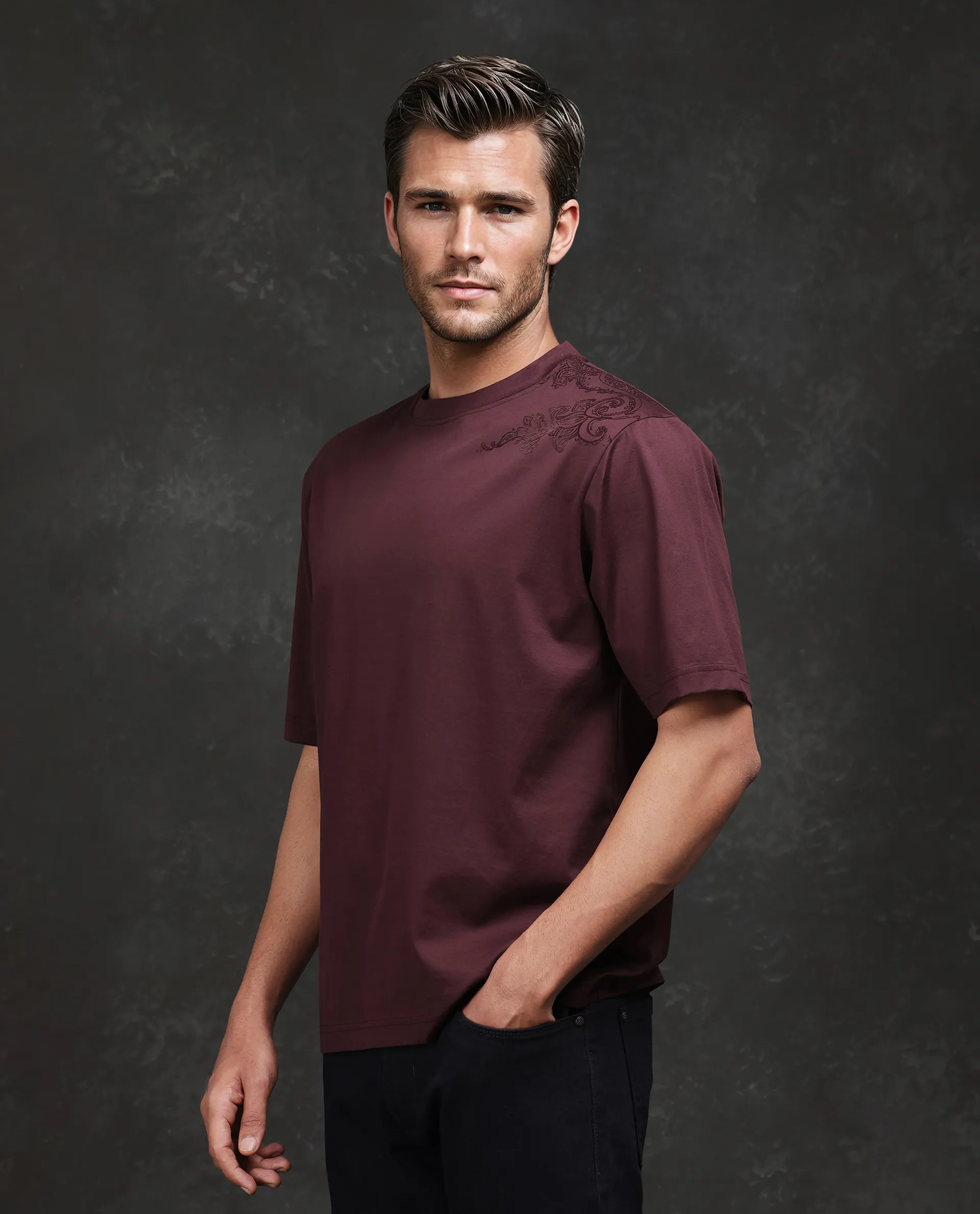 Rare Rabbit Men's Frax Brown Cotton Flock Print Barcelone Fit Half Sleeve Crew Neck T-Shirt - Image 5