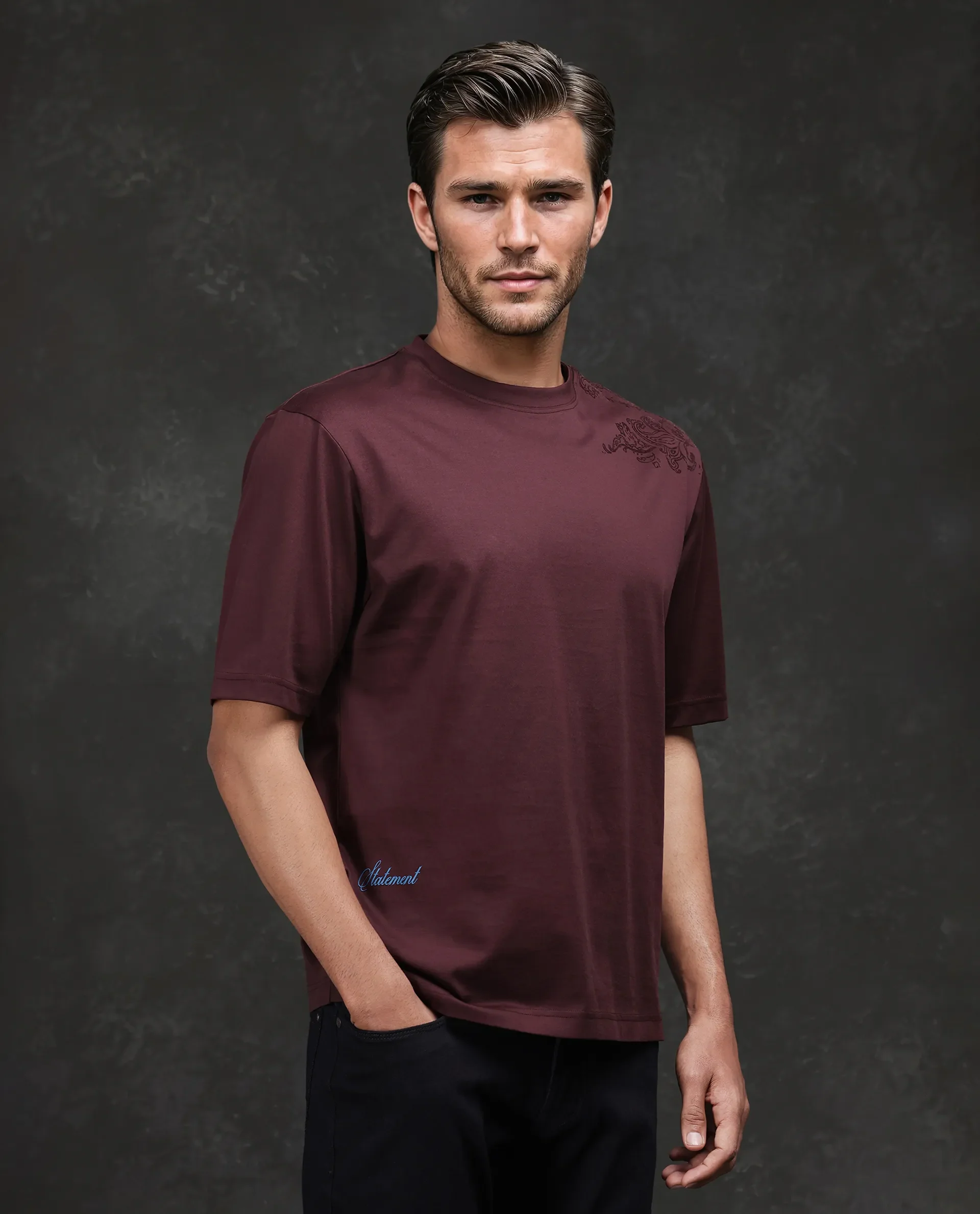 Rare Rabbit Men's Frax Brown Cotton Flock Print Barcelone Fit Half Sleeve Crew Neck T-Shirt - Image 6