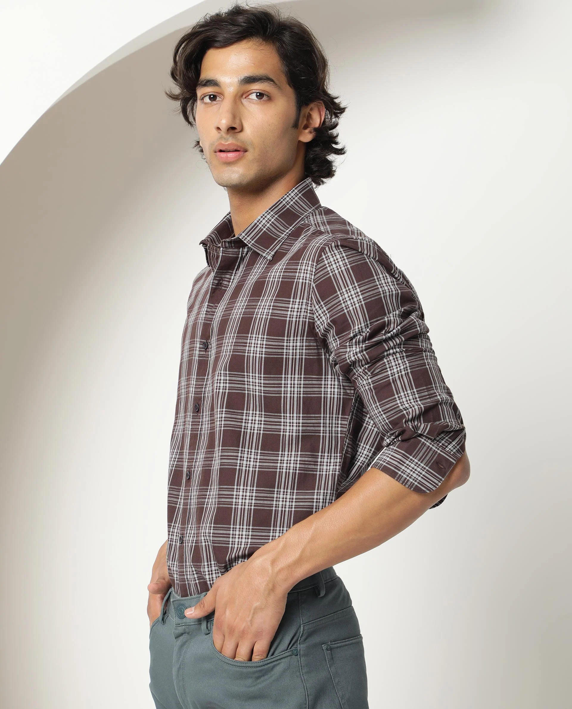 Rare Rabbit Men's Frazey Brown Cotton Checked Print Regular Fit Full Sleeve Collared Shirt - Image 3