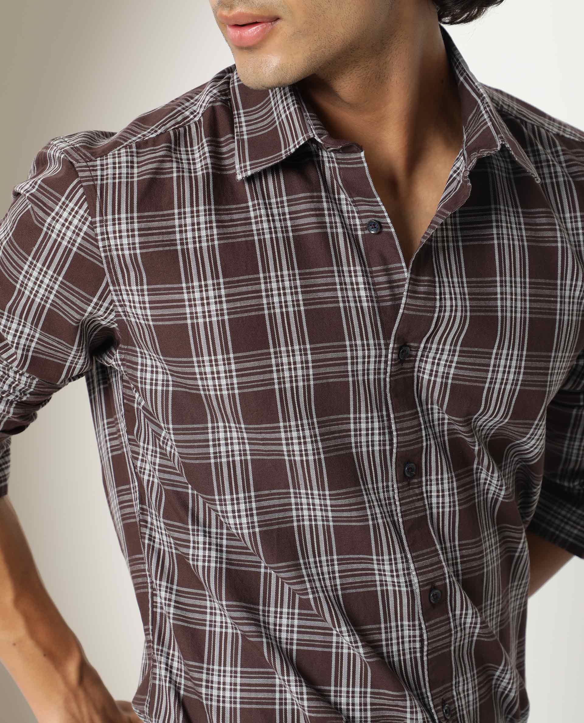 Rare Rabbit Men's Frazey Brown Cotton Checked Print Regular Fit Full Sleeve Collared Shirt - Image 4