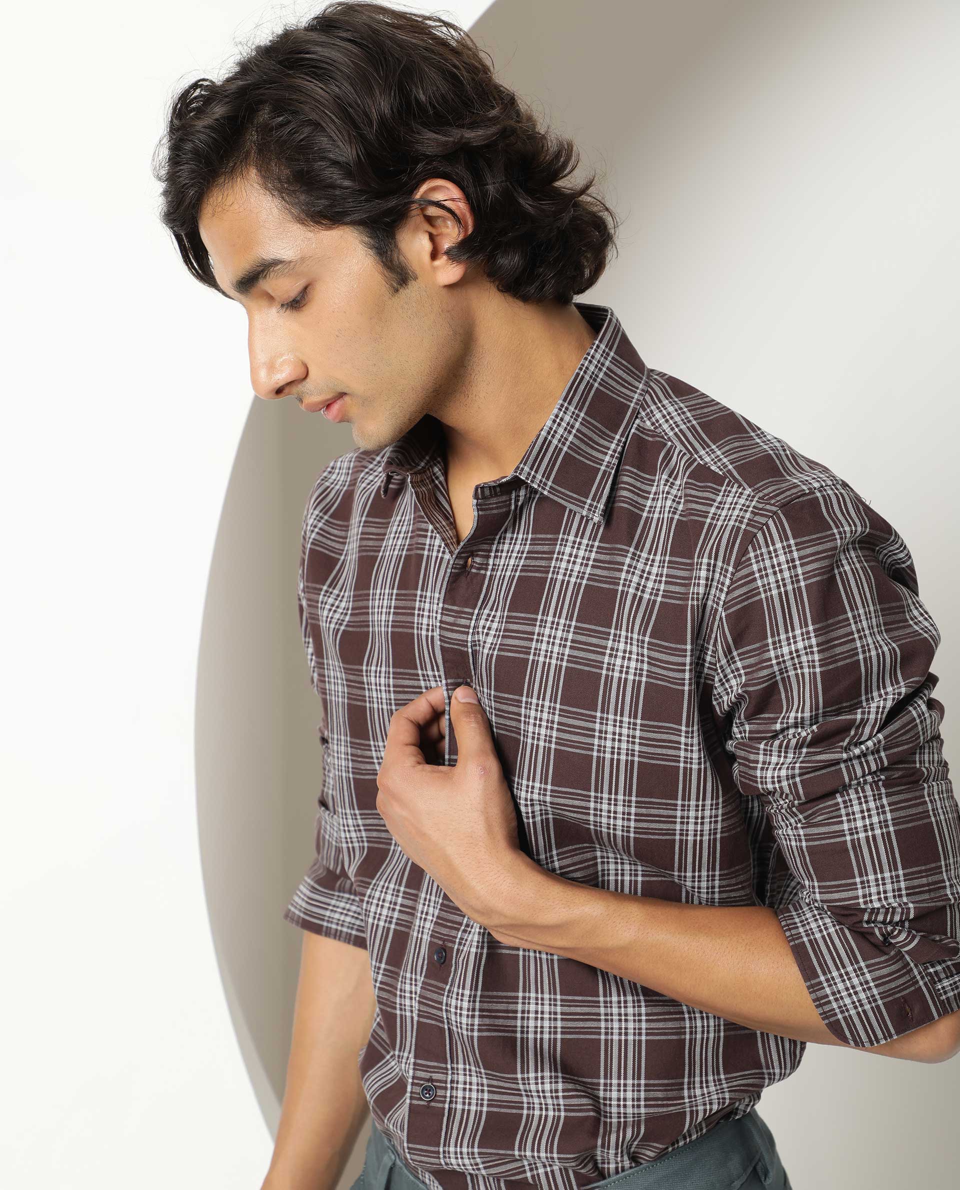 Rare Rabbit Men's Frazey Brown Cotton Checked Print Regular Fit Full Sleeve Collared Shirt - Image 6
