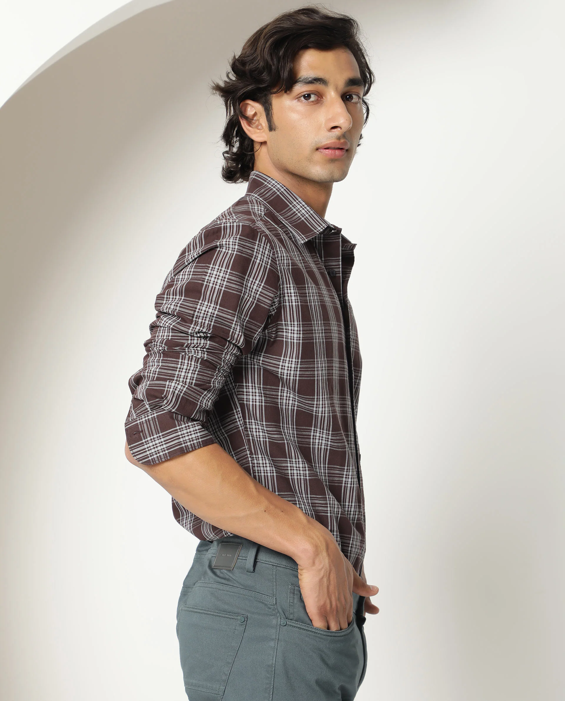Rare Rabbit Men's Frazey Brown Cotton Checked Print Regular Fit Full Sleeve Collared Shirt - Image 8