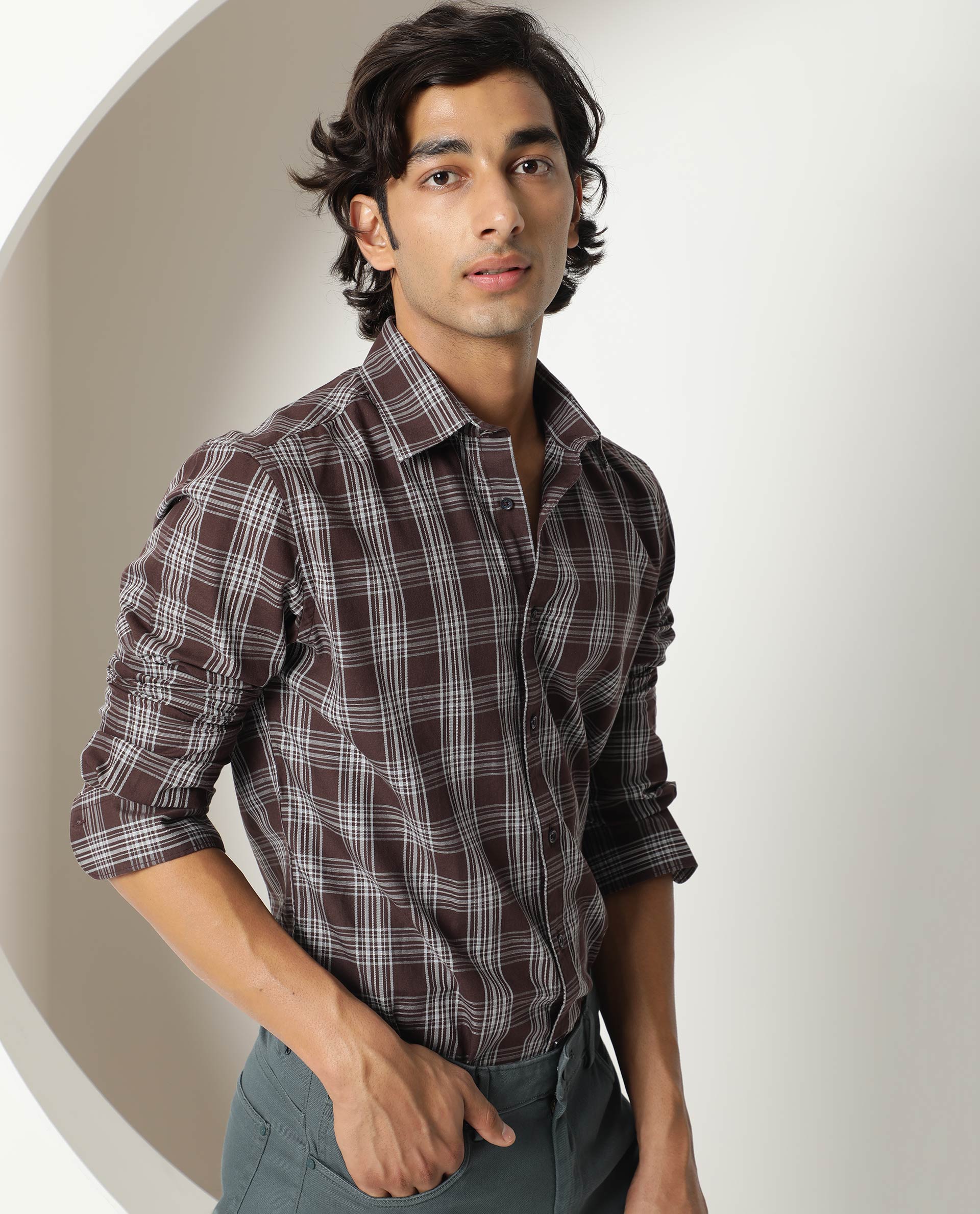 Rare Rabbit Men's Frazey Brown Cotton Checked Print Regular Fit Full Sleeve Collared Shirt - Image 9