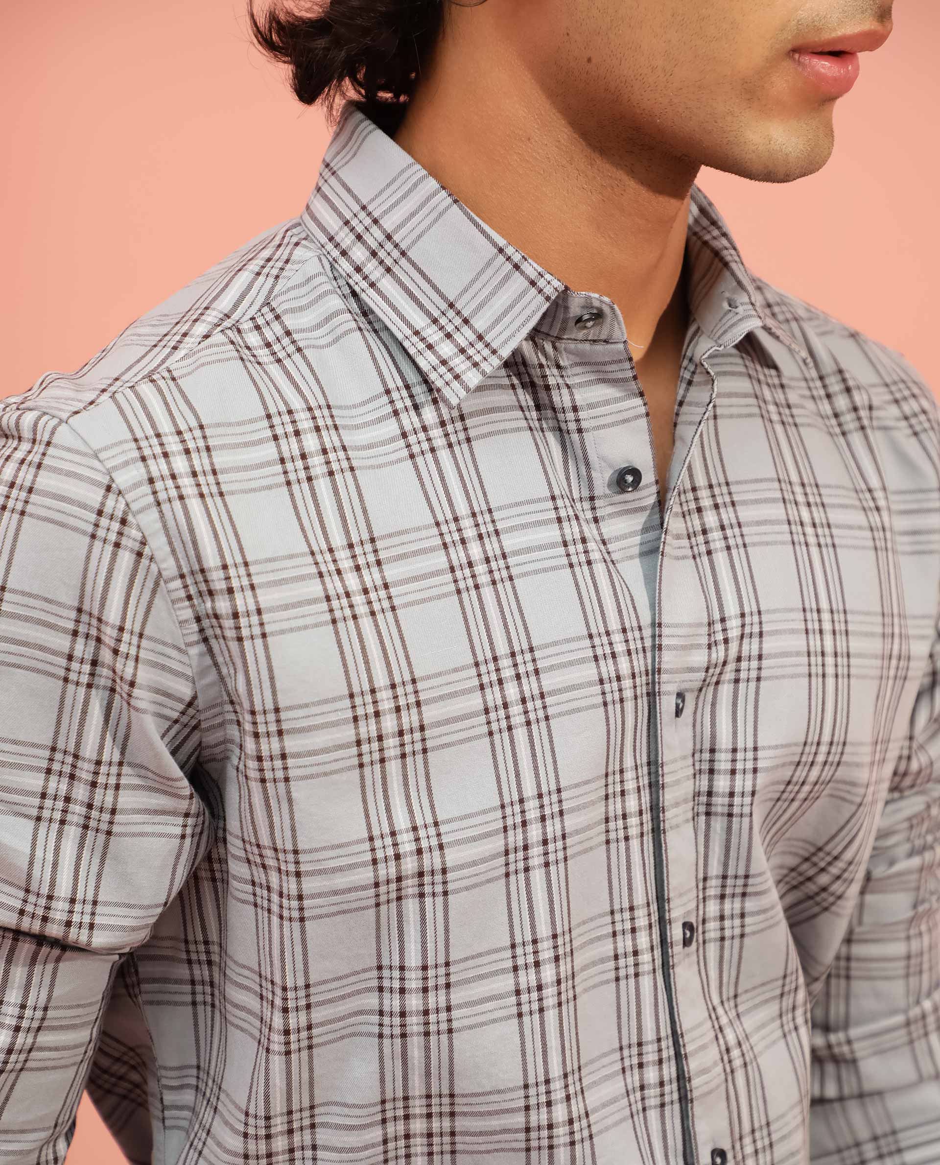 Rare Rabbit Men's Frazey Grey Cotton Checked Print Regular Fit Full Sleeve Collared Shirt - Image 3
