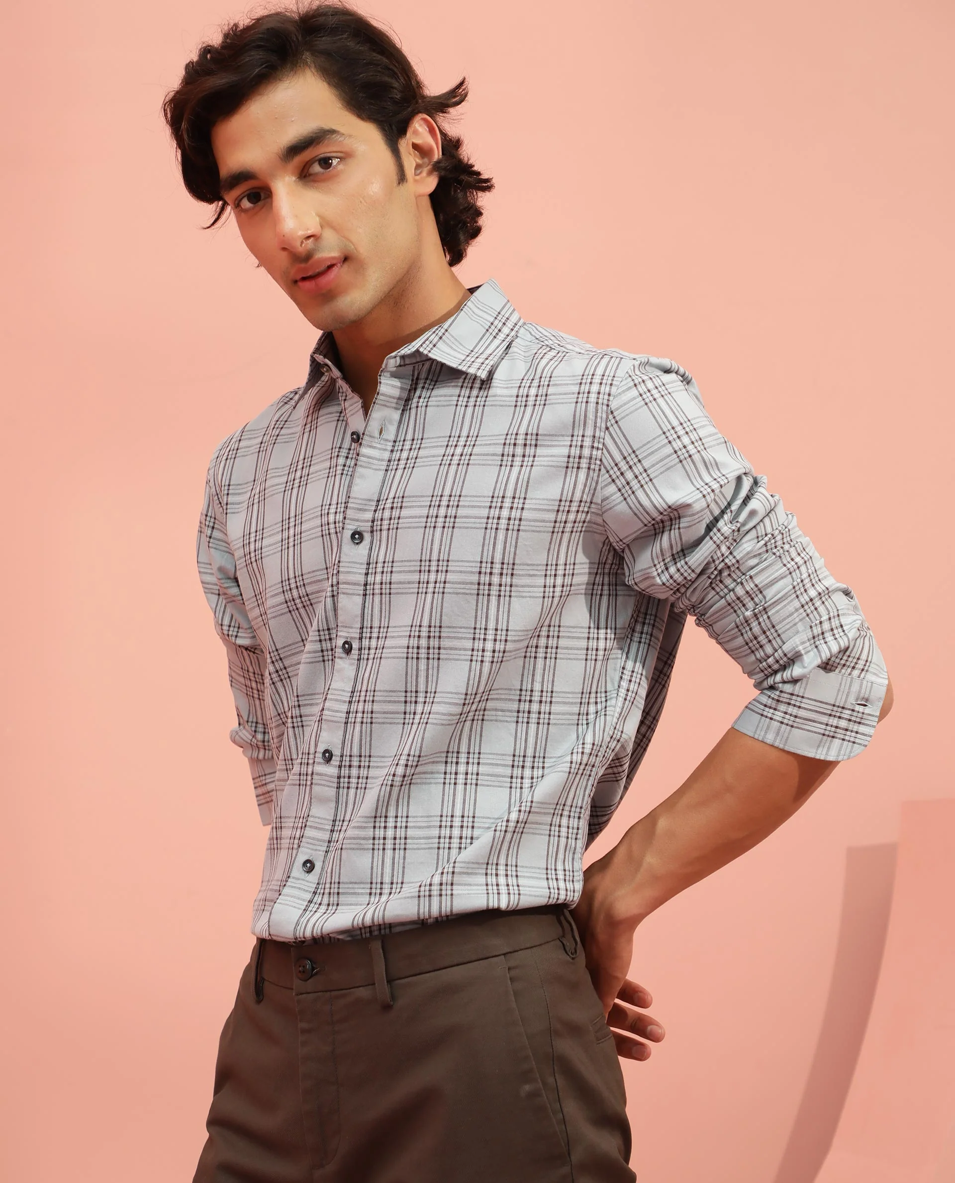 Rare Rabbit Men's Frazey Grey Cotton Checked Print Regular Fit Full Sleeve Collared Shirt - Image 9