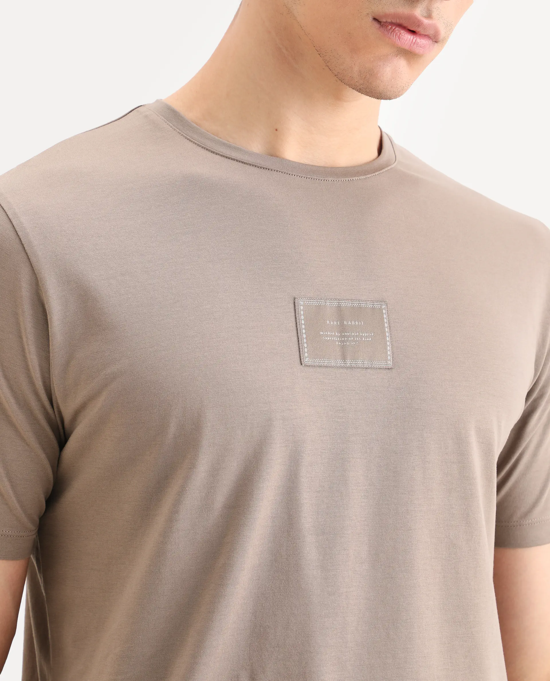 Rare Rabbit Men's Frea Beige Cotton Blend Fabric Half Sleeve Crew Neck Regular Fit Plain T-Shirt - Image 3