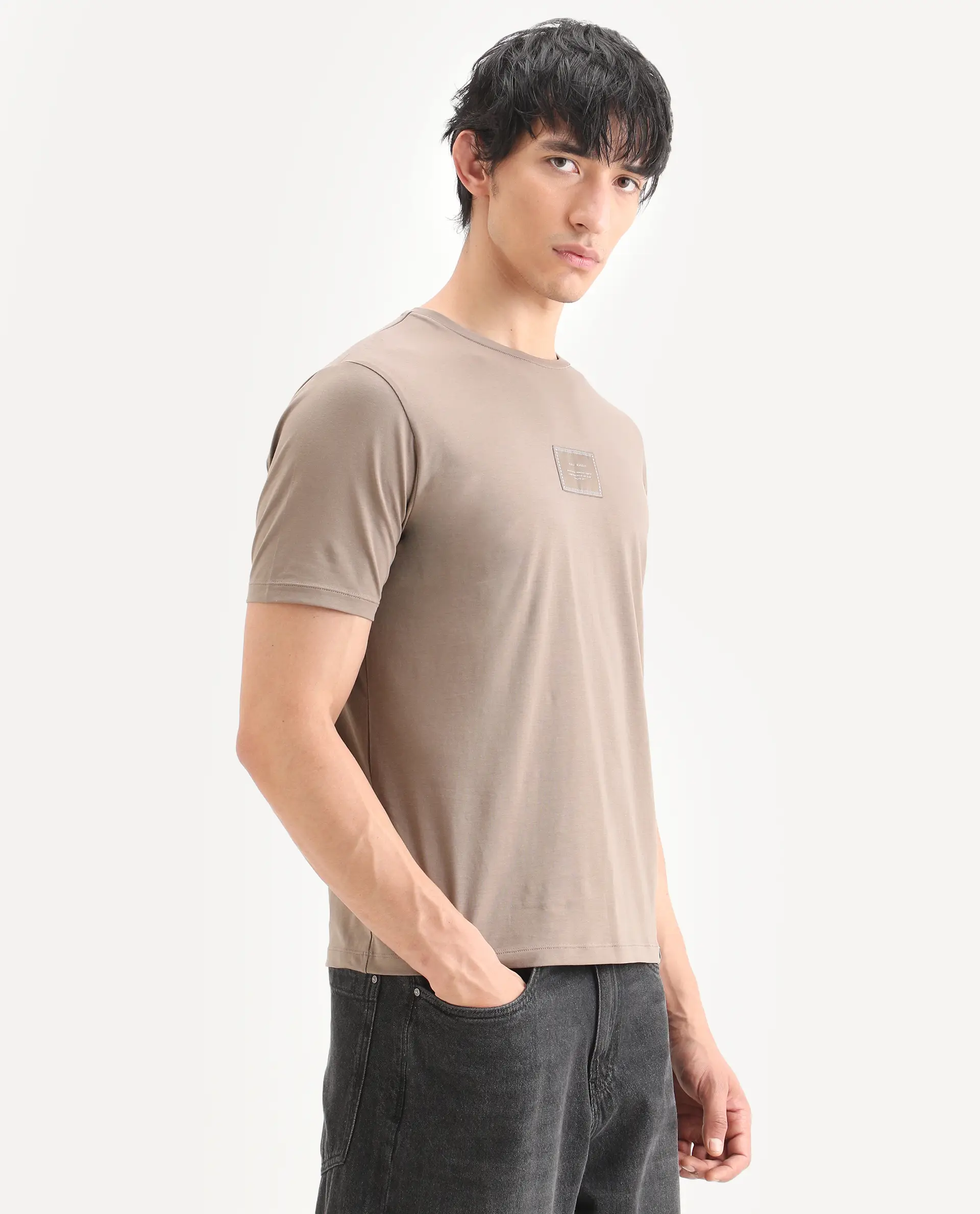 Rare Rabbit Men's Frea Beige Cotton Blend Fabric Half Sleeve Crew Neck Regular Fit Plain T-Shirt - Image 4