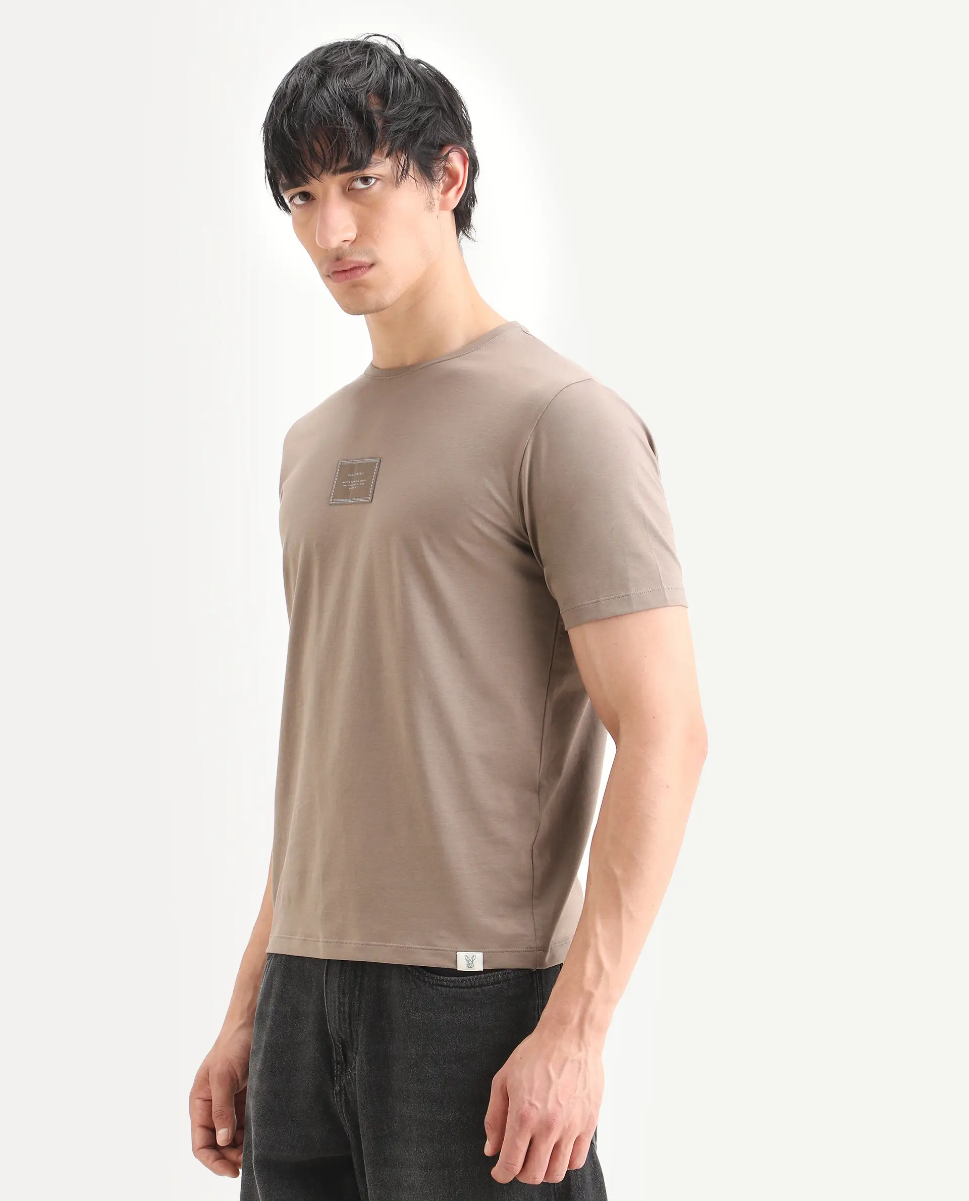 Rare Rabbit Men's Frea Beige Cotton Blend Fabric Half Sleeve Crew Neck Regular Fit Plain T-Shirt - Image 5