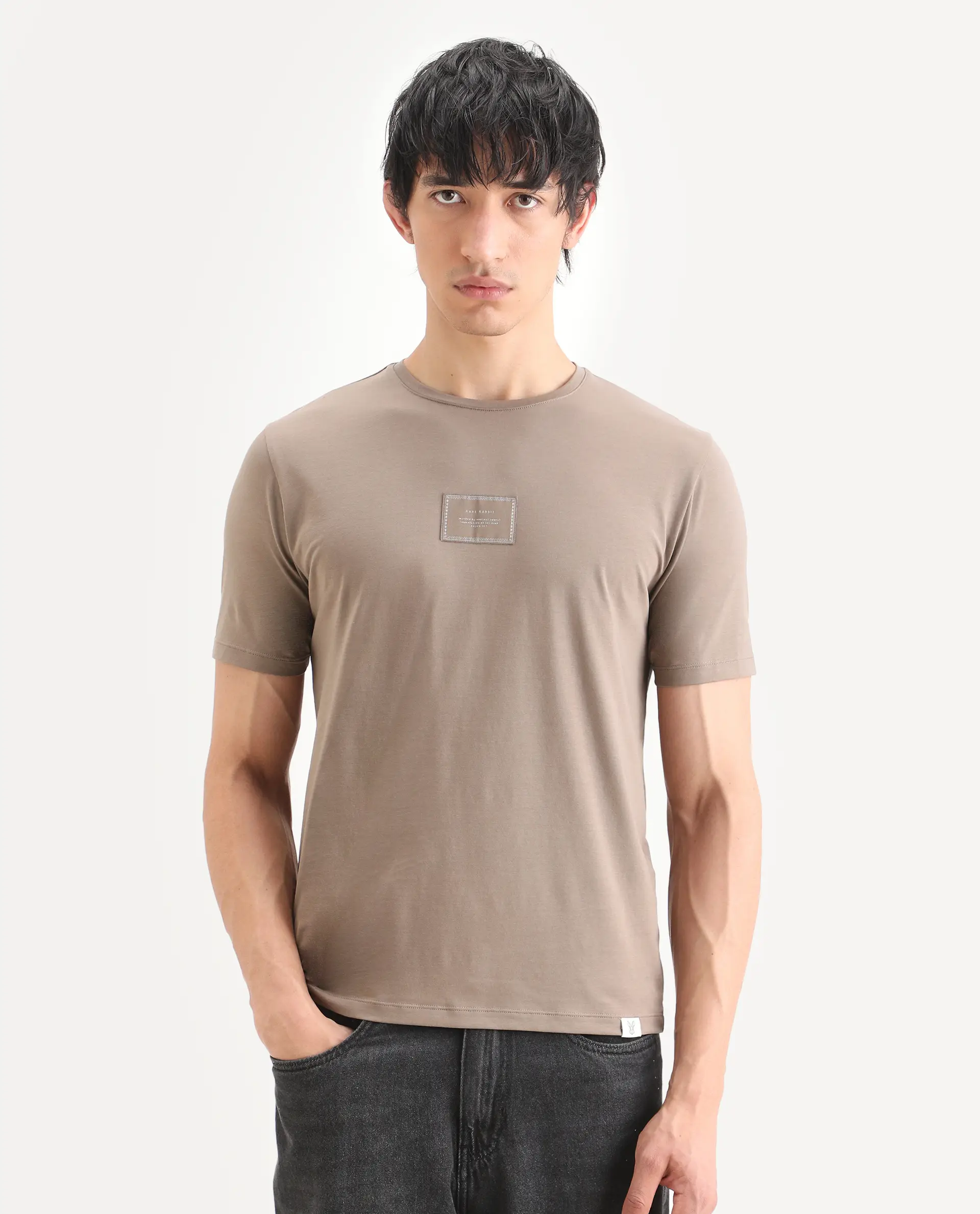 Rare Rabbit Men's Frea Beige Cotton Blend Fabric Half Sleeve Crew Neck Regular Fit Plain T-Shirt - Image 6