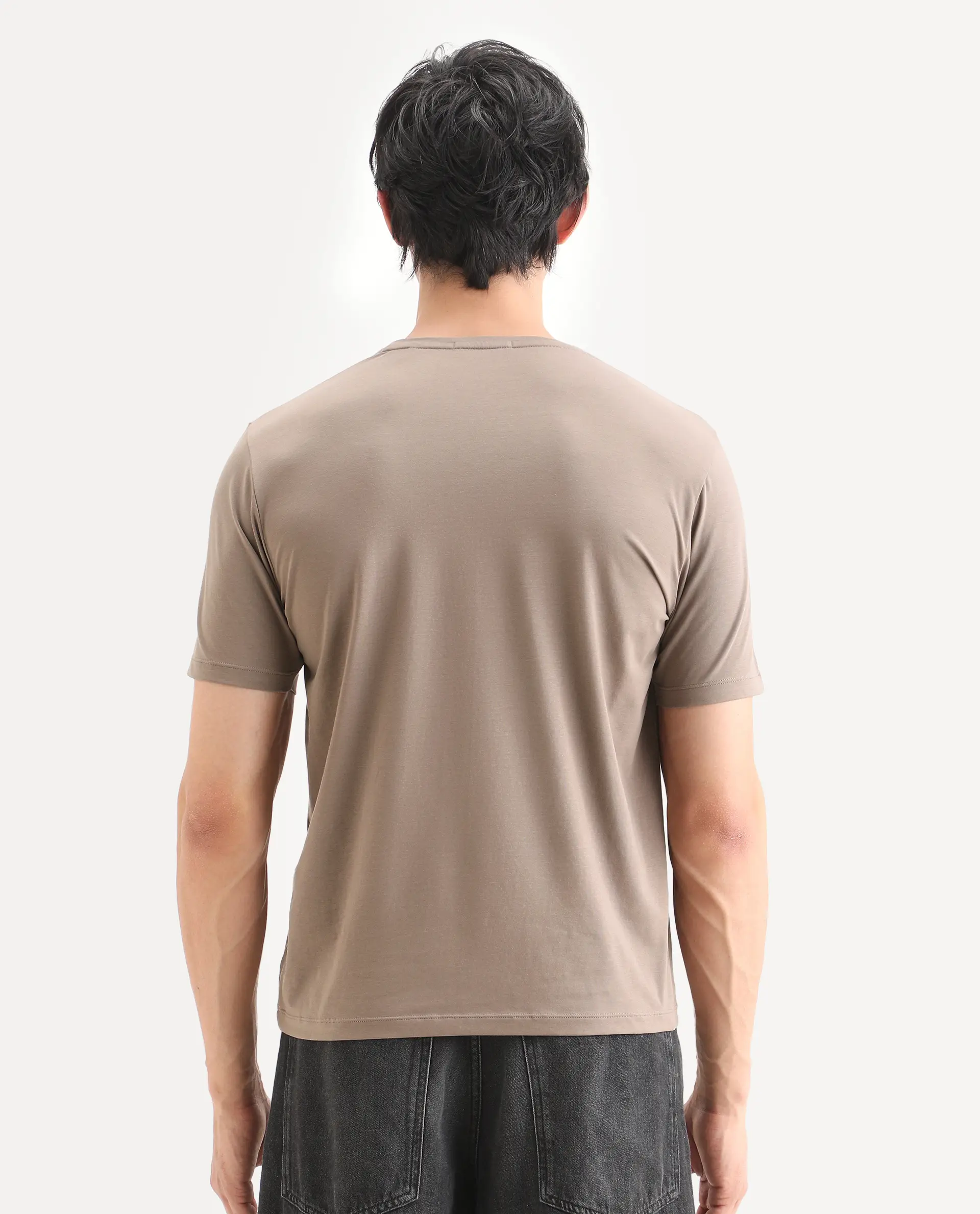 Rare Rabbit Men's Frea Beige Cotton Blend Fabric Half Sleeve Crew Neck Regular Fit Plain T-Shirt - Image 7