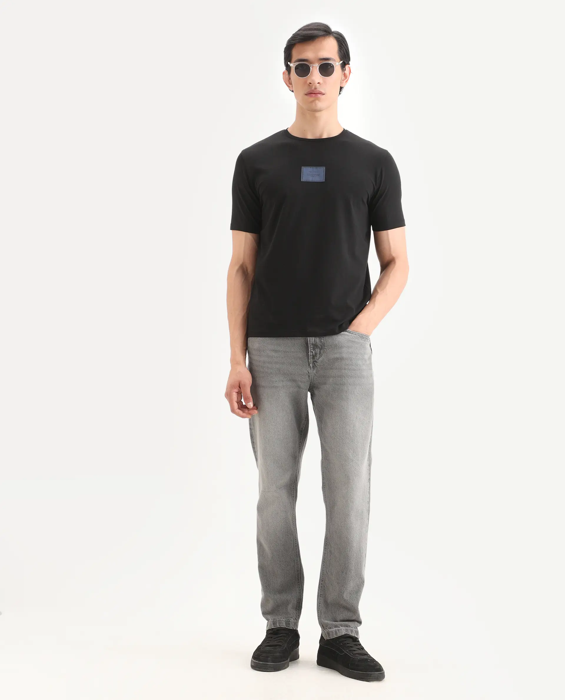 Rare Rabbit Men's Frea Black Cotton Blend Fabric Half Sleeve Crew Neck Regular Fit Plain T-Shirt - Image 2