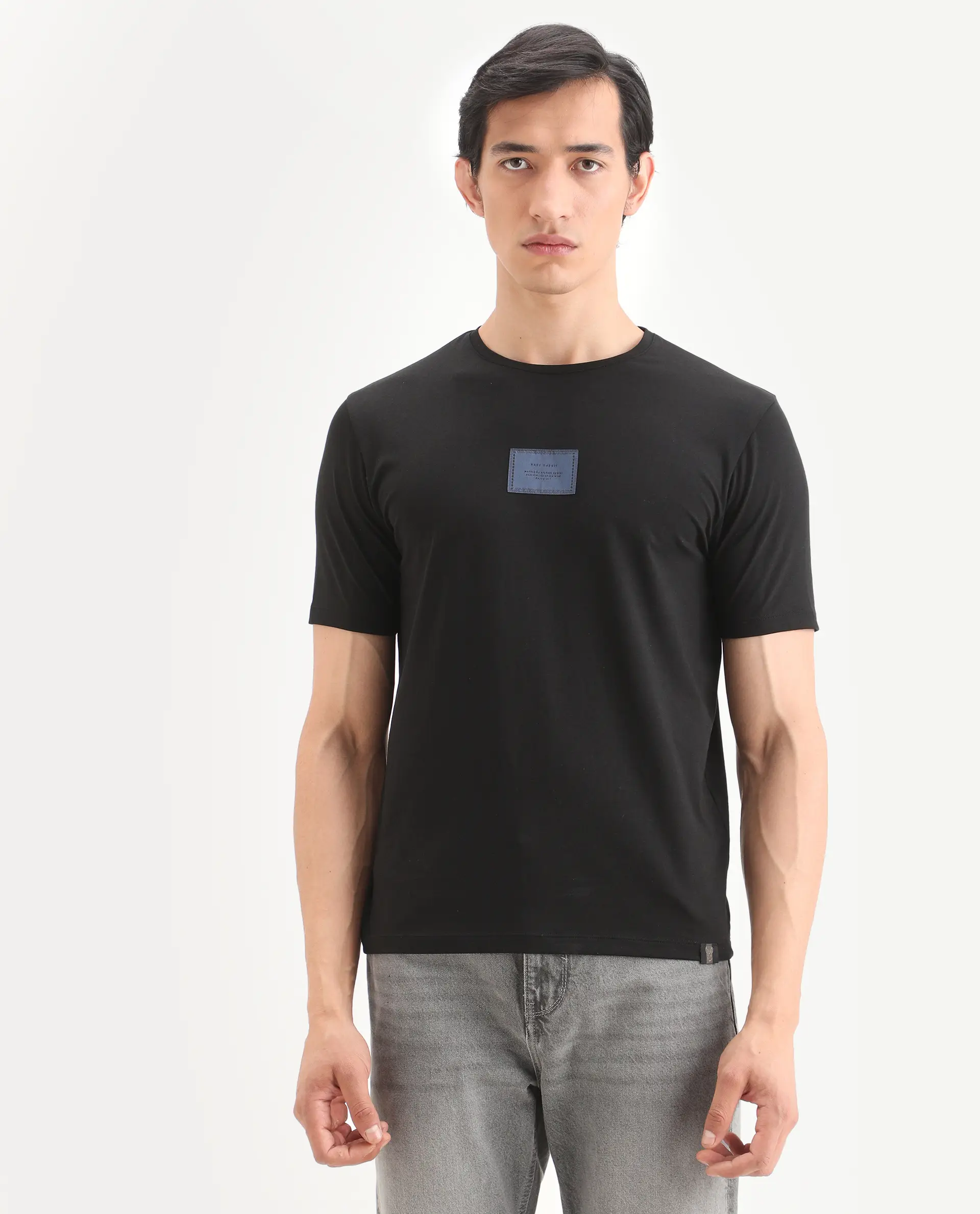 Rare Rabbit Men's Frea Black Cotton Blend Fabric Half Sleeve Crew Neck Regular Fit Plain T-Shirt - Image 3