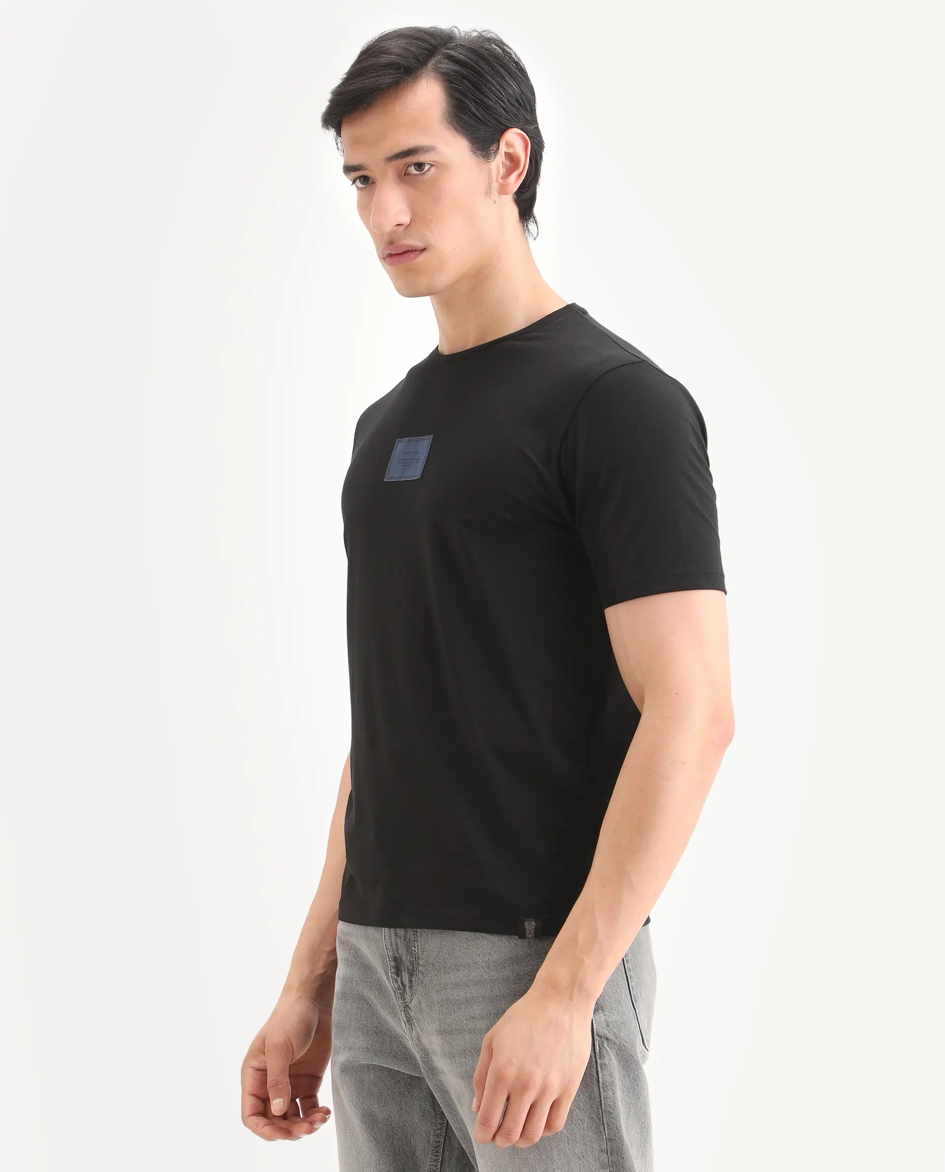 Rare Rabbit Men's Frea Black Cotton Blend Fabric Half Sleeve Crew Neck Regular Fit Plain T-Shirt - Image 4
