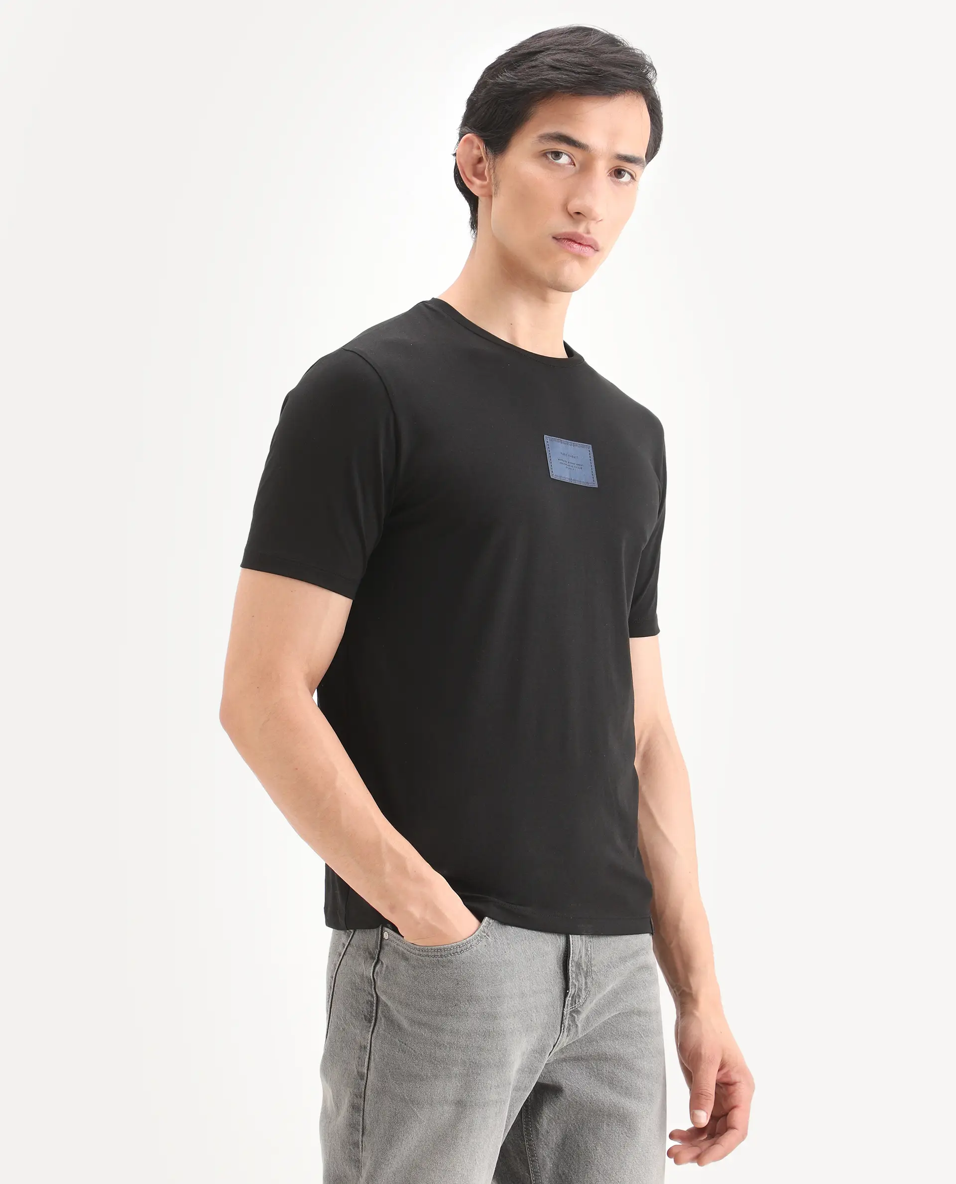 Rare Rabbit Men's Frea Black Cotton Blend Fabric Half Sleeve Crew Neck Regular Fit Plain T-Shirt - Image 5