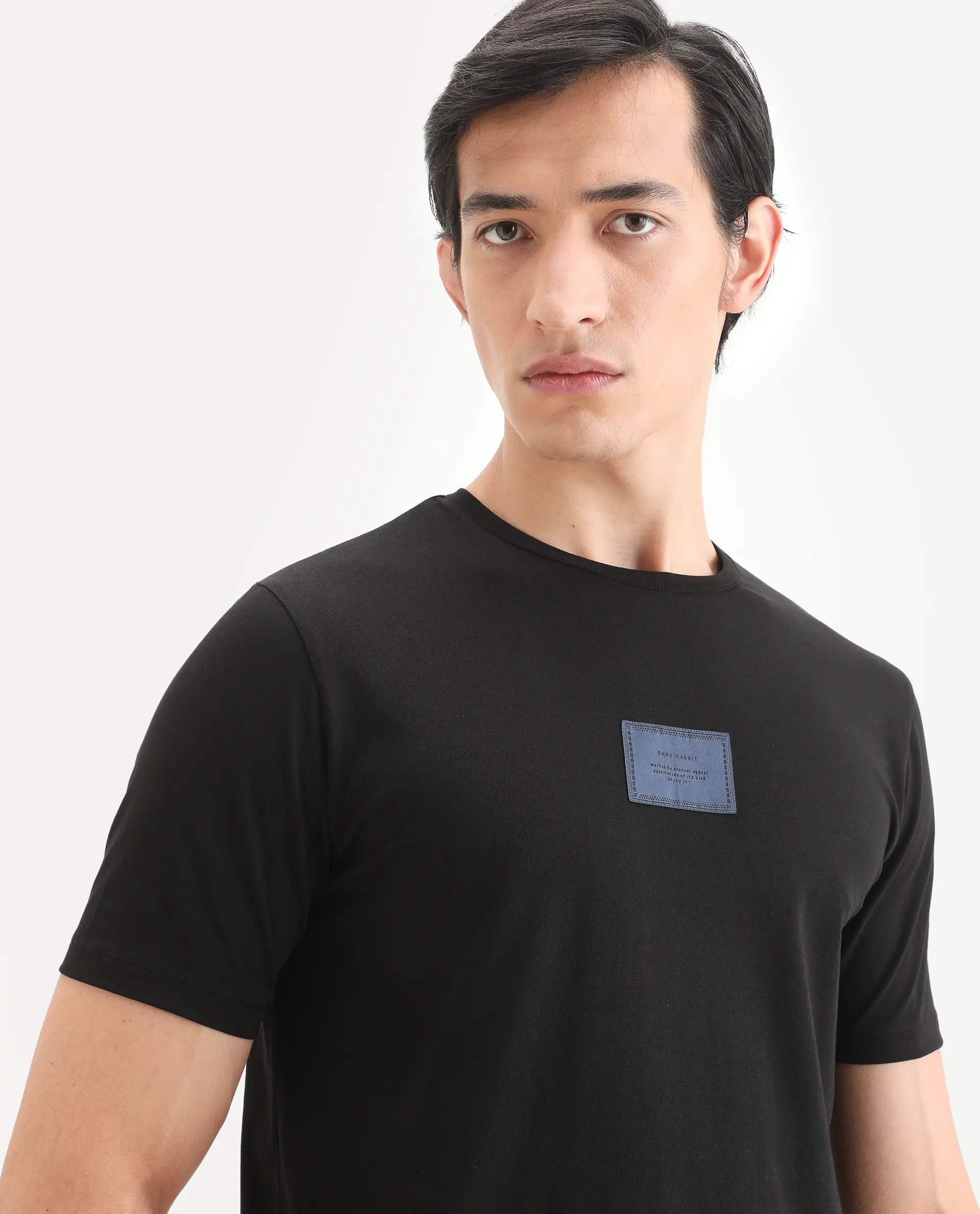 Rare Rabbit Men's Frea Black Cotton Blend Fabric Half Sleeve Crew Neck Regular Fit Plain T-Shirt - Image 6
