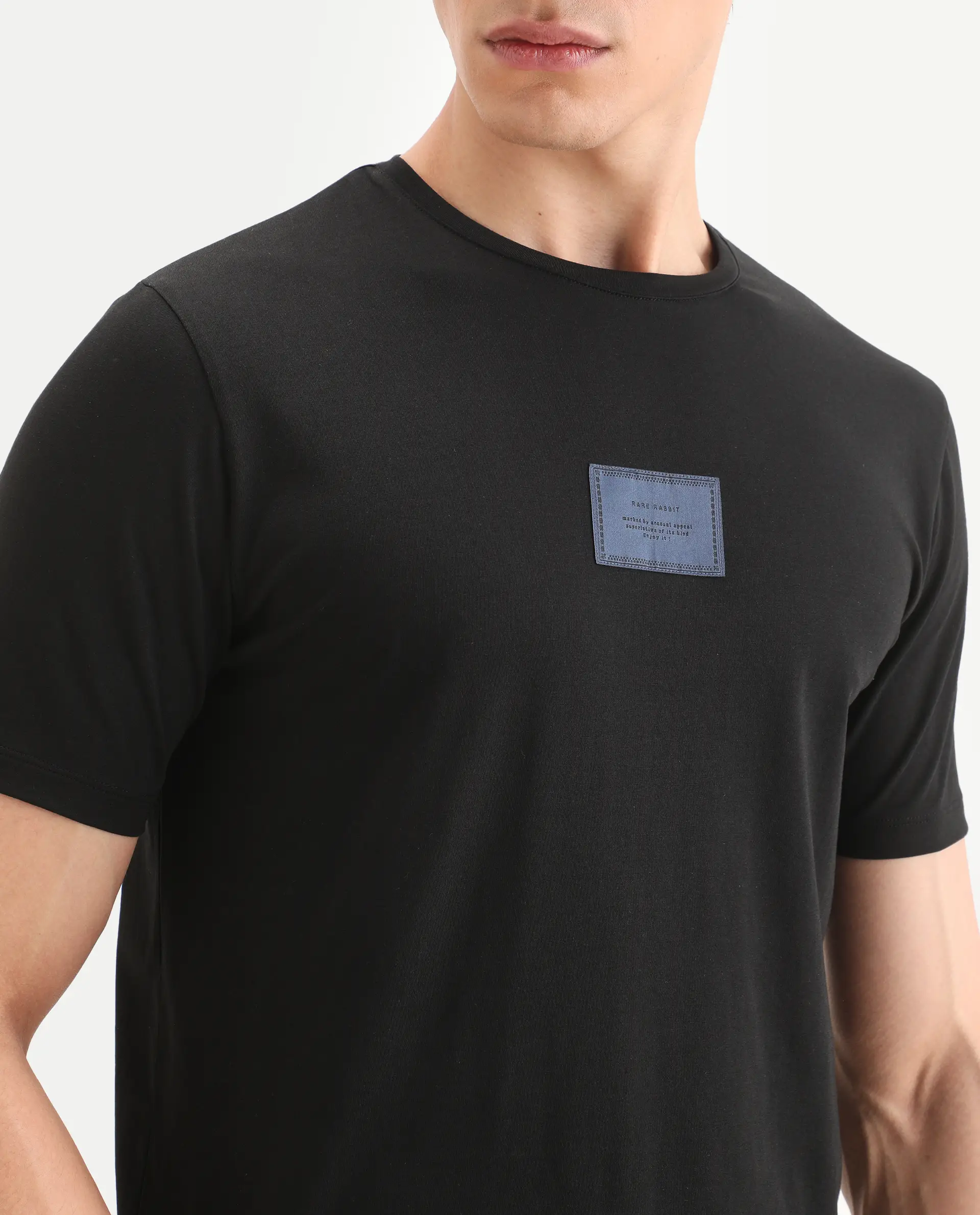 Rare Rabbit Men's Frea Black Cotton Blend Fabric Half Sleeve Crew Neck Regular Fit Plain T-Shirt - Image 7