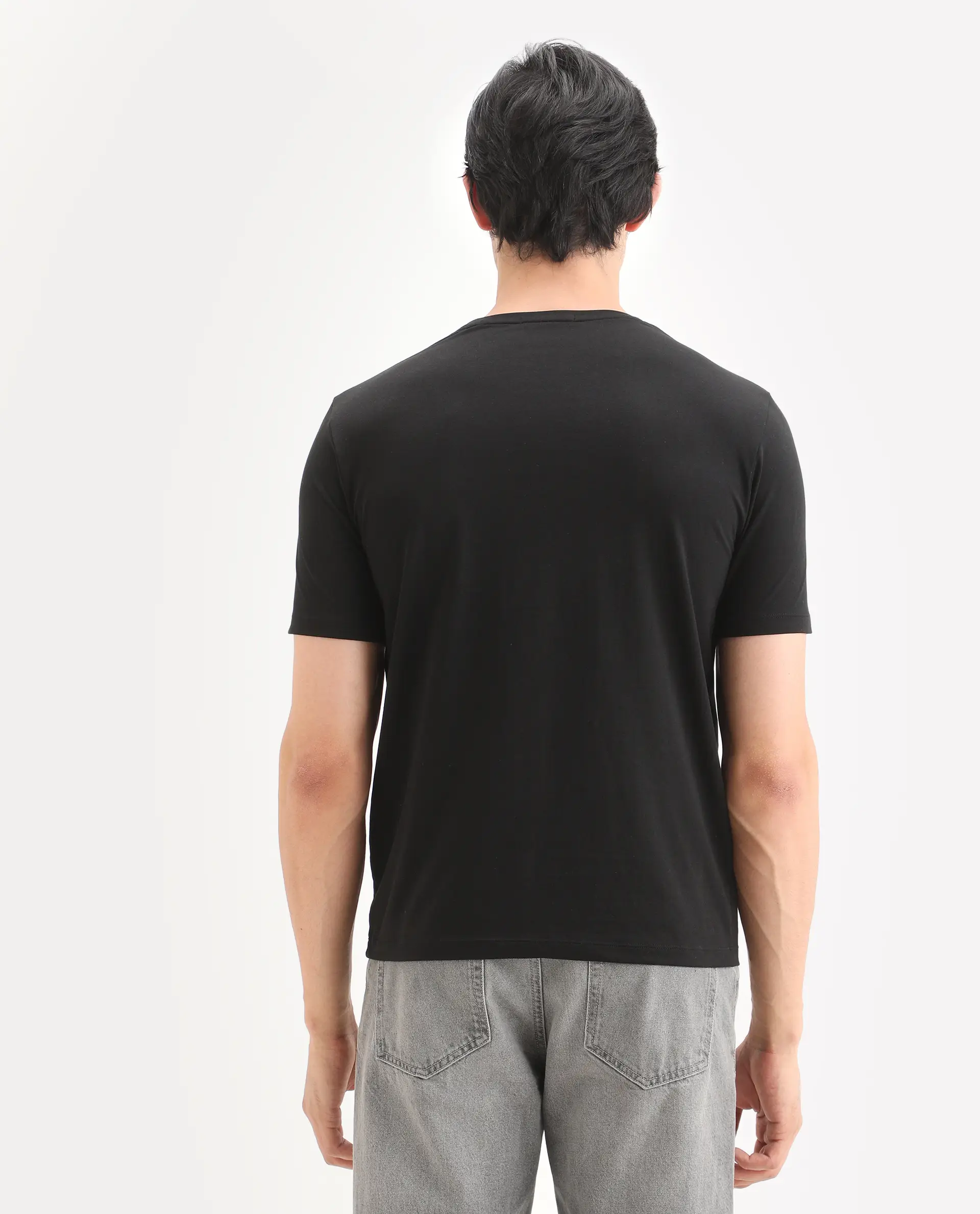 Rare Rabbit Men's Frea Black Cotton Blend Fabric Half Sleeve Crew Neck Regular Fit Plain T-Shirt - Image 8