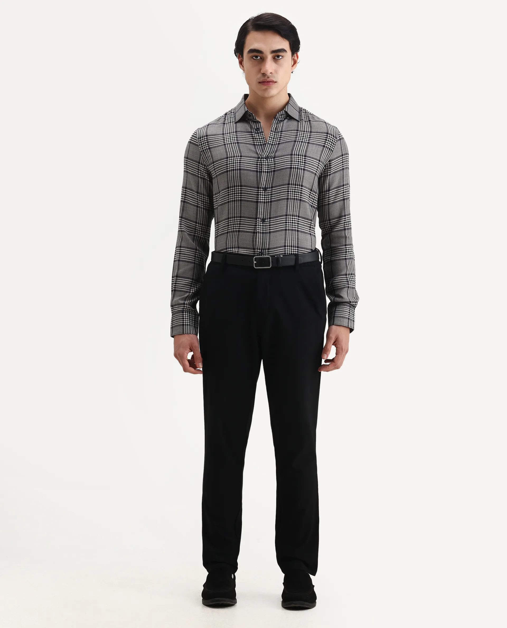 Rare Rabbit Men's Fredo-2 Grey Tencel Checked Print Regular Fit Full Sleeve Collared Shirt - Image 2