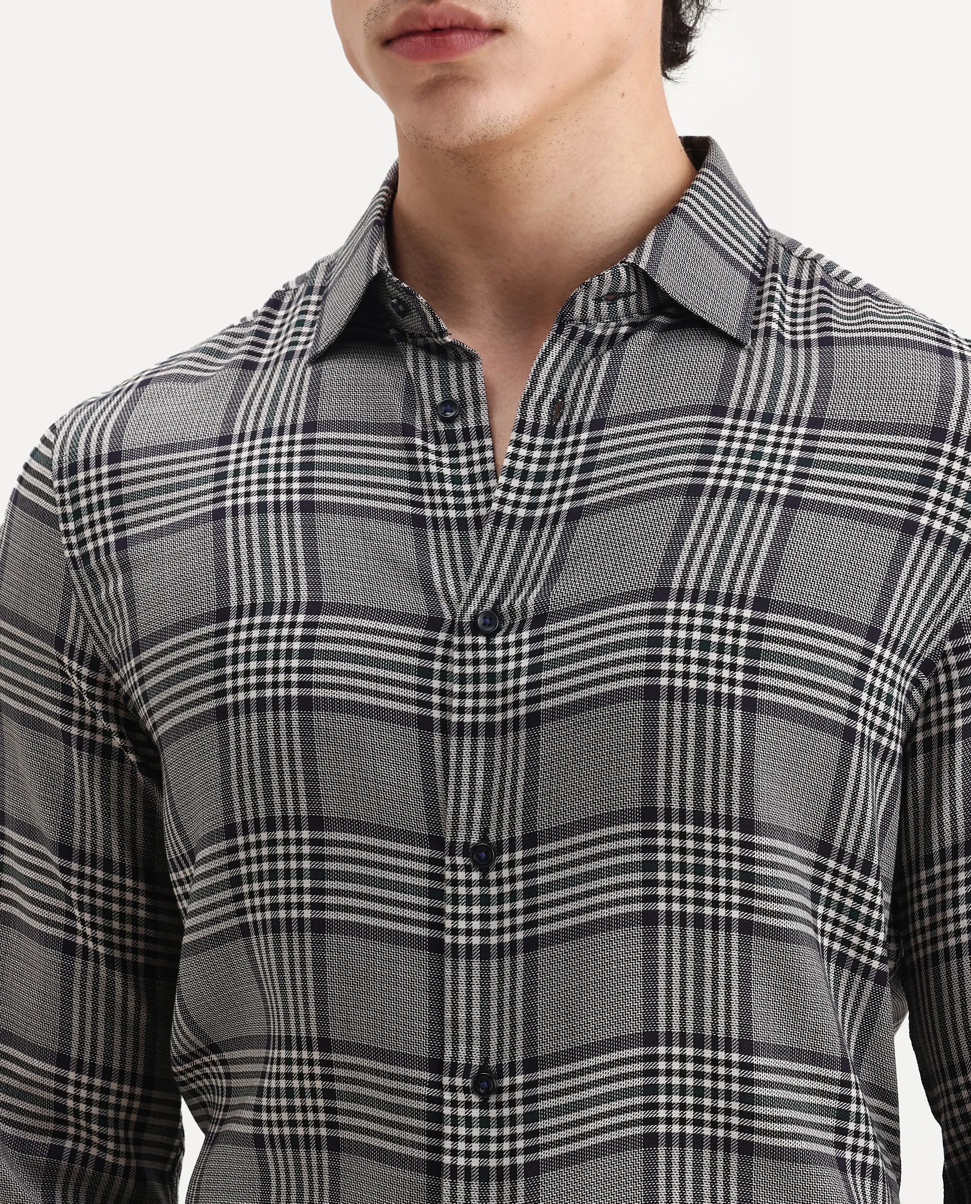 Rare Rabbit Men's Fredo-2 Grey Tencel Checked Print Regular Fit Full Sleeve Collared Shirt - Image 3