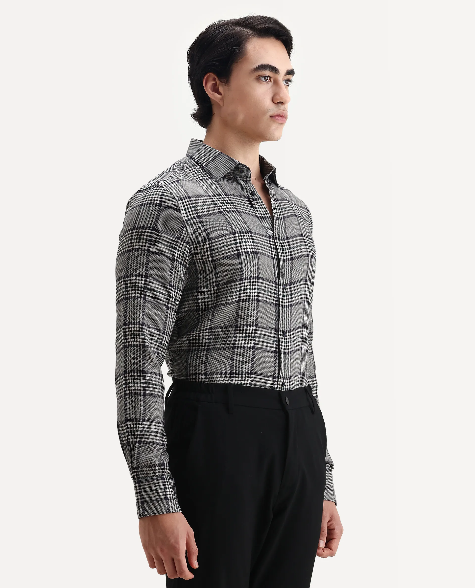 Rare Rabbit Men's Fredo-2 Grey Tencel Checked Print Regular Fit Full Sleeve Collared Shirt - Image 4