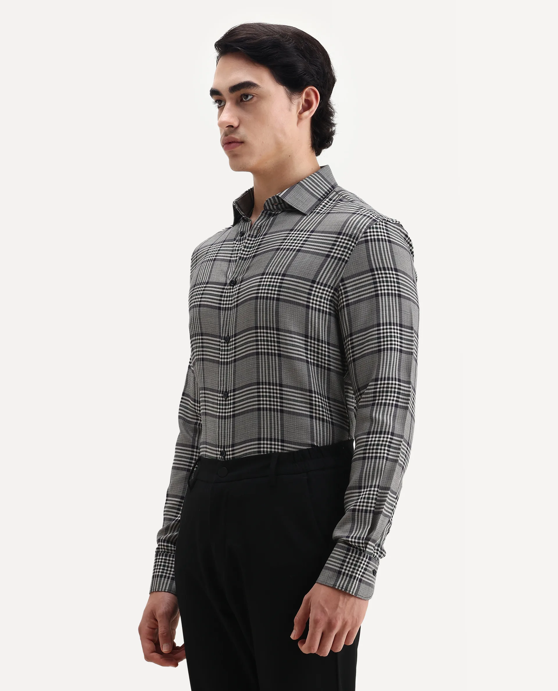 Rare Rabbit Men's Fredo-2 Grey Tencel Checked Print Regular Fit Full Sleeve Collared Shirt - Image 5