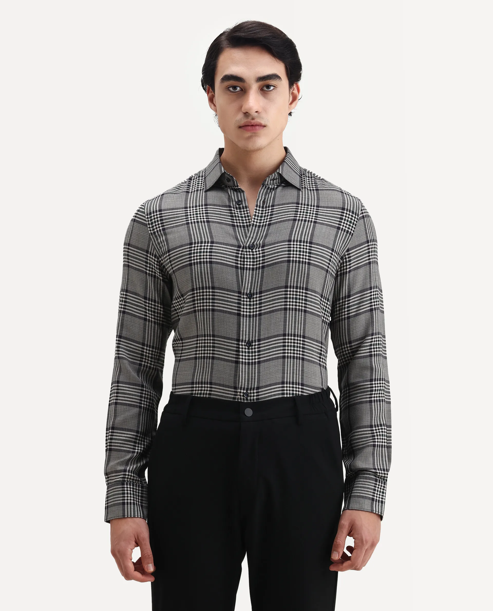 Rare Rabbit Men's Fredo-2 Grey Tencel Checked Print Regular Fit Full Sleeve Collared Shirt - Image 6