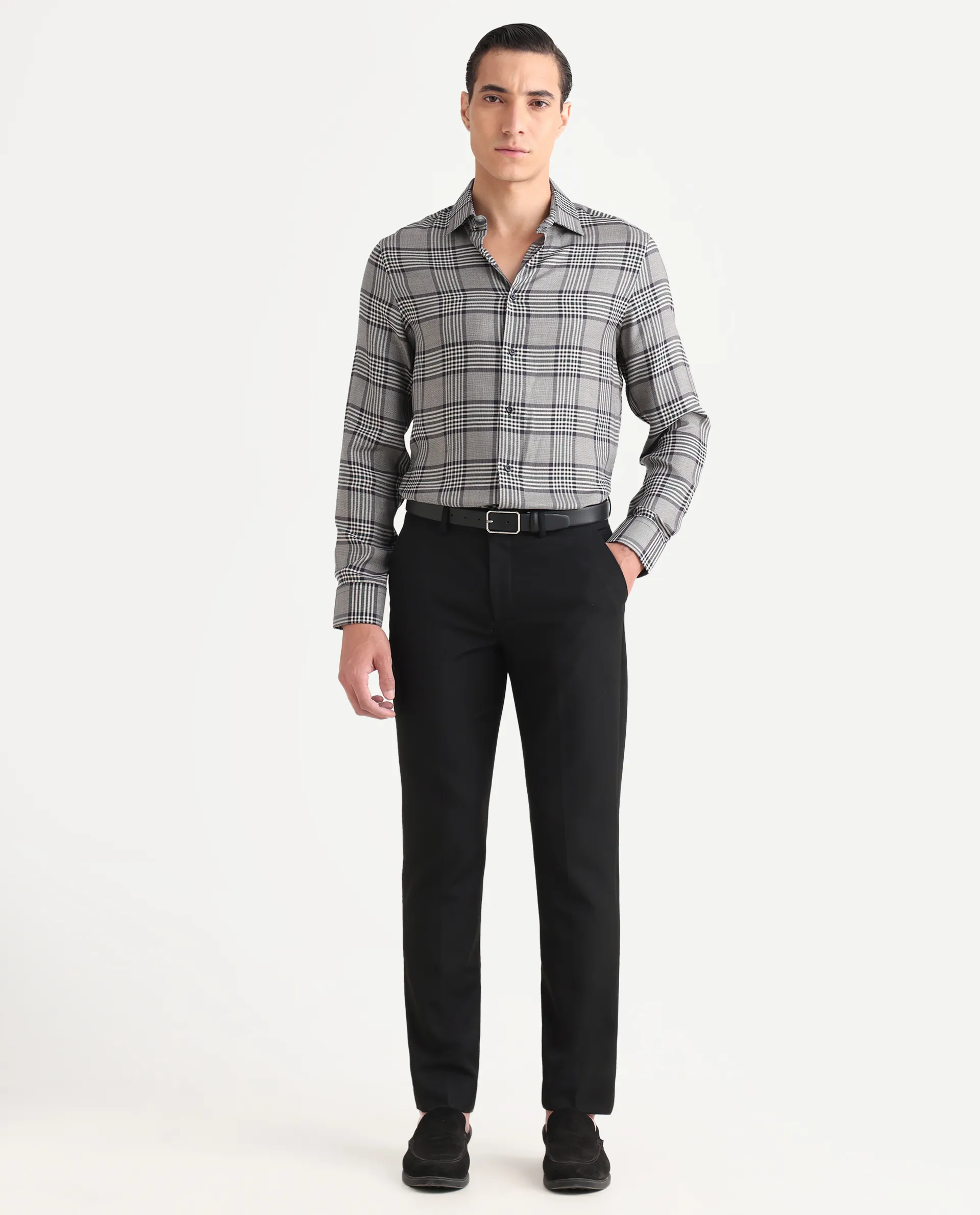 Rare Rabbit Men's Fredo-25 Light Grey Tencel Fabric Collared Neck Regular Fit Checks Shirt - Image 2