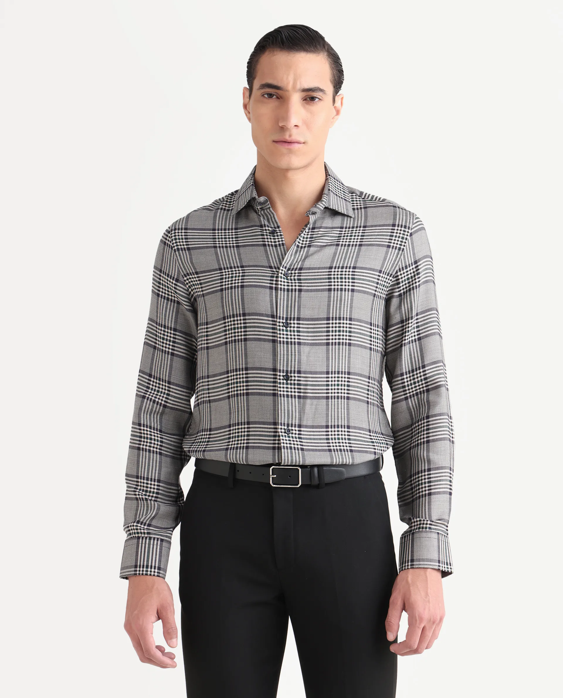 Rare Rabbit Men's Fredo-25 Light Grey Tencel Fabric Collared Neck Regular Fit Checks Shirt - Image 4