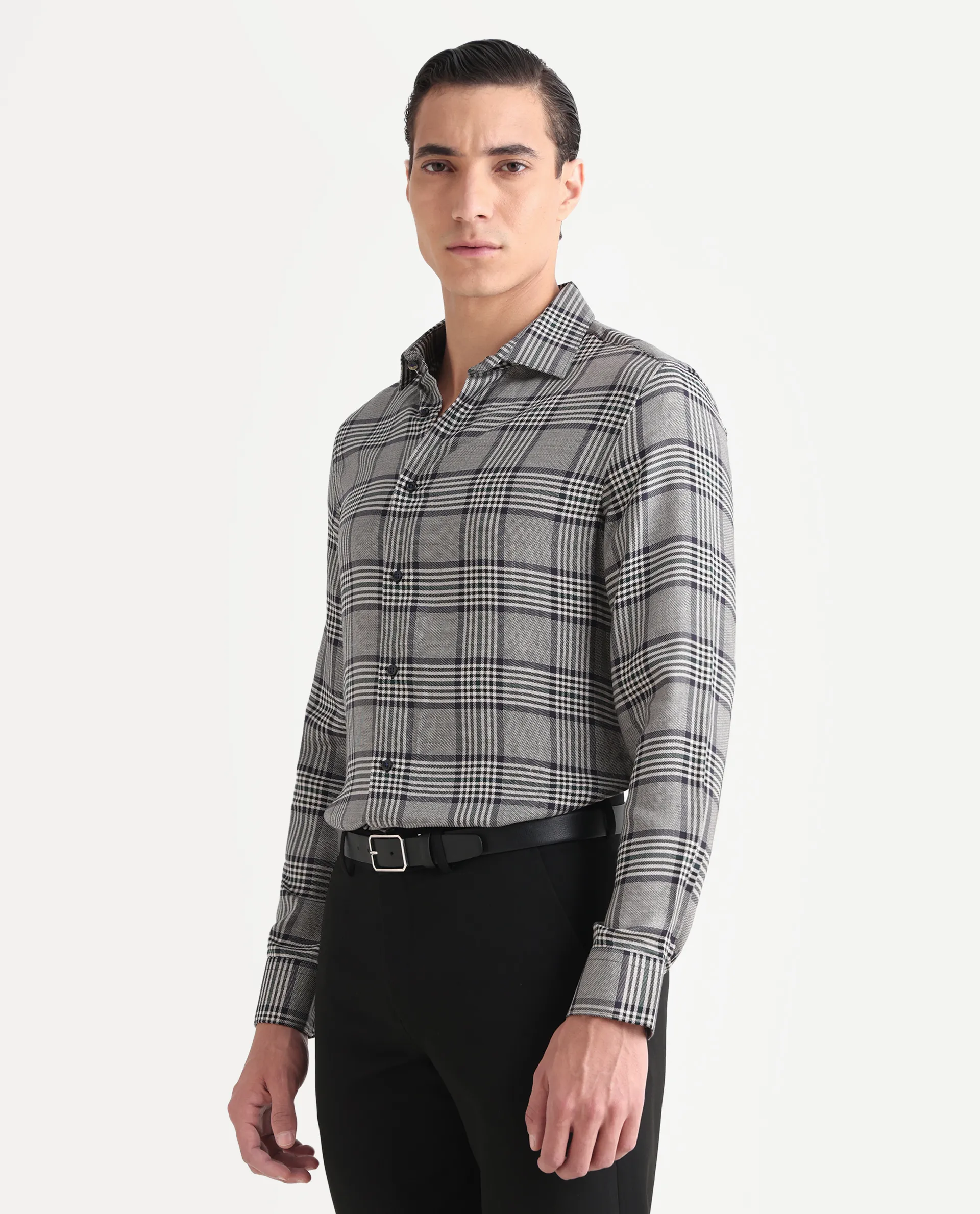 Rare Rabbit Men's Fredo-25 Light Grey Tencel Fabric Collared Neck Regular Fit Checks Shirt - Image 5