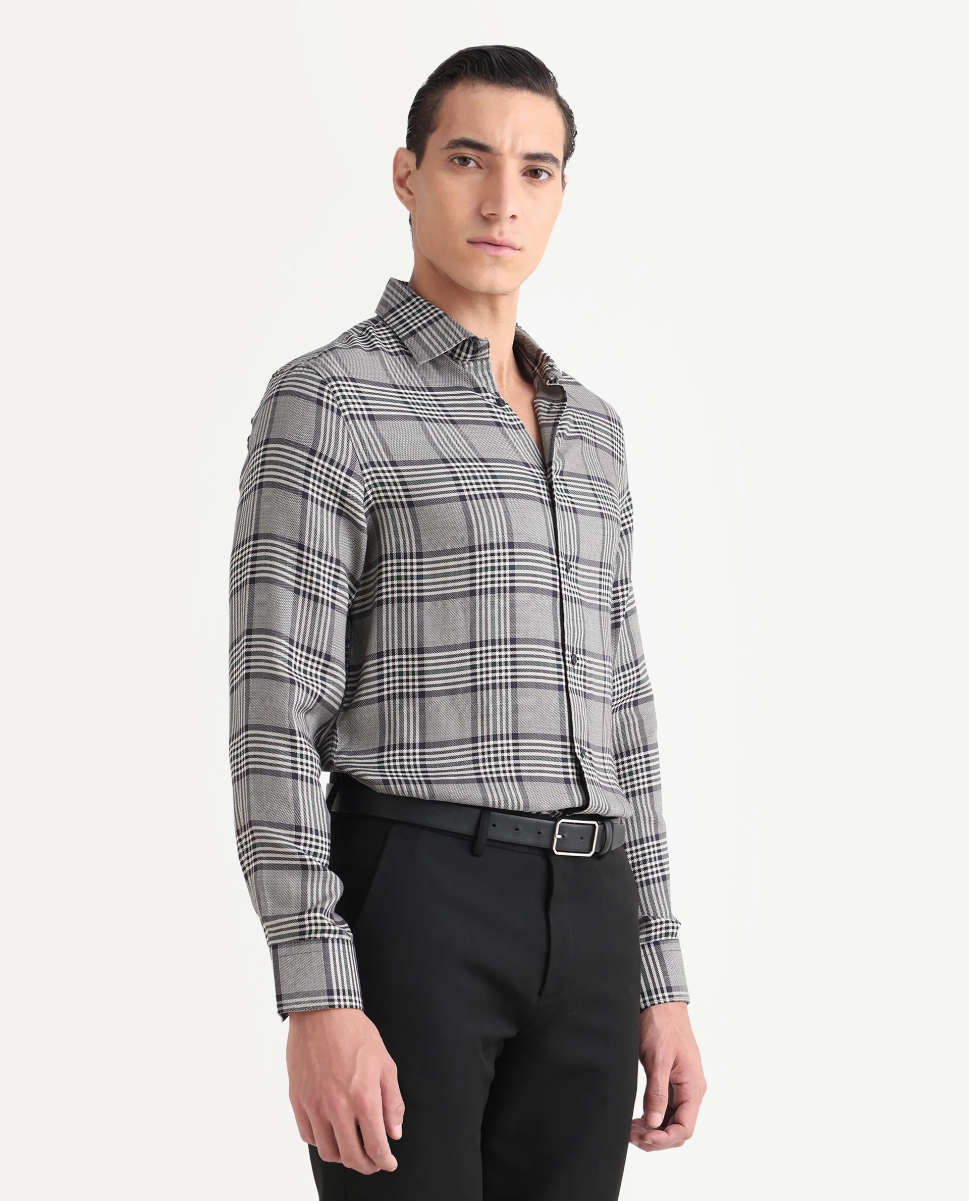 Rare Rabbit Men's Fredo-25 Light Grey Tencel Fabric Collared Neck Regular Fit Checks Shirt - Image 6