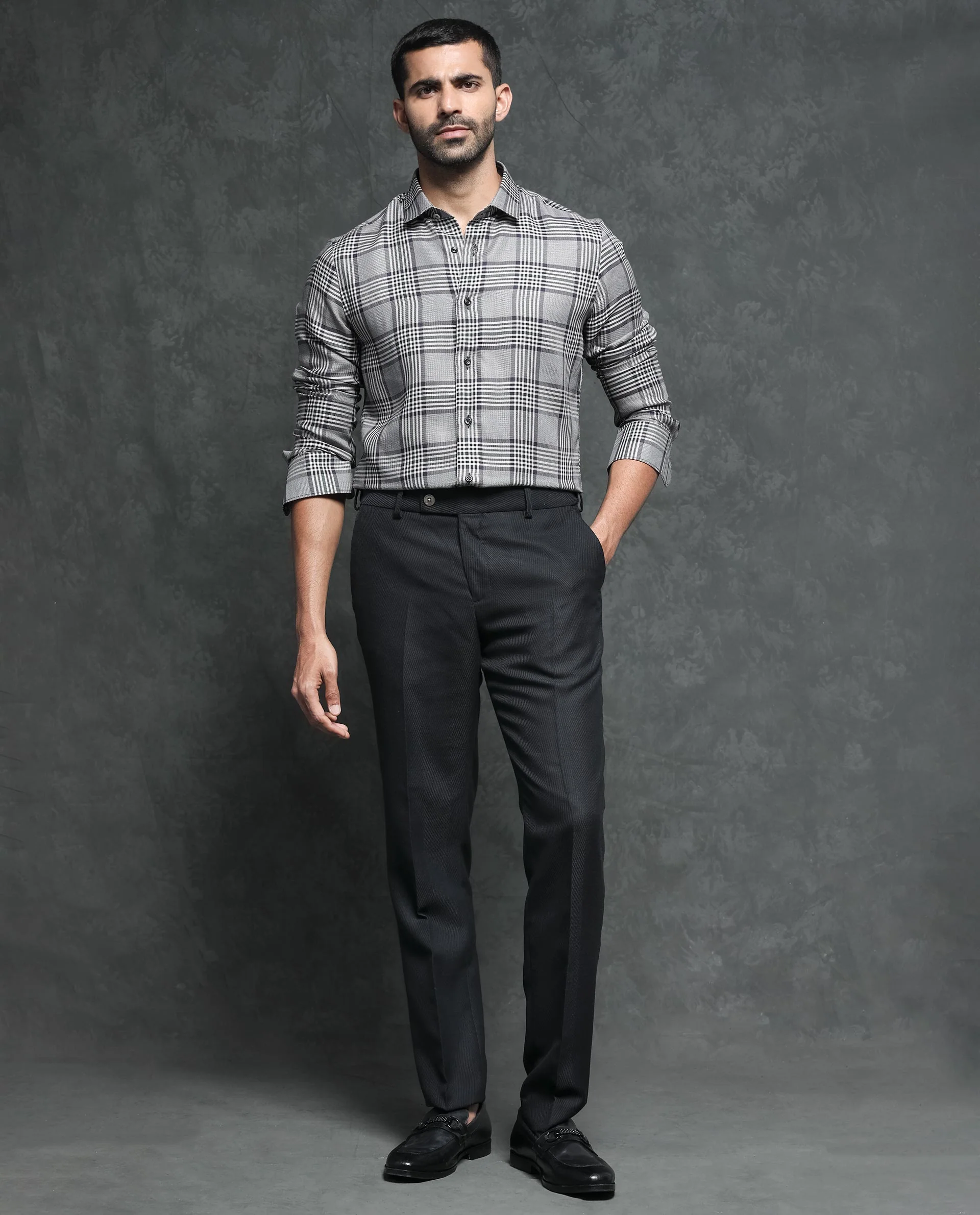 Rare Rabbit Men's Fredo Grey Cotton Checked Print Regular Fit Full Sleeve Collared Shirt - Image 2