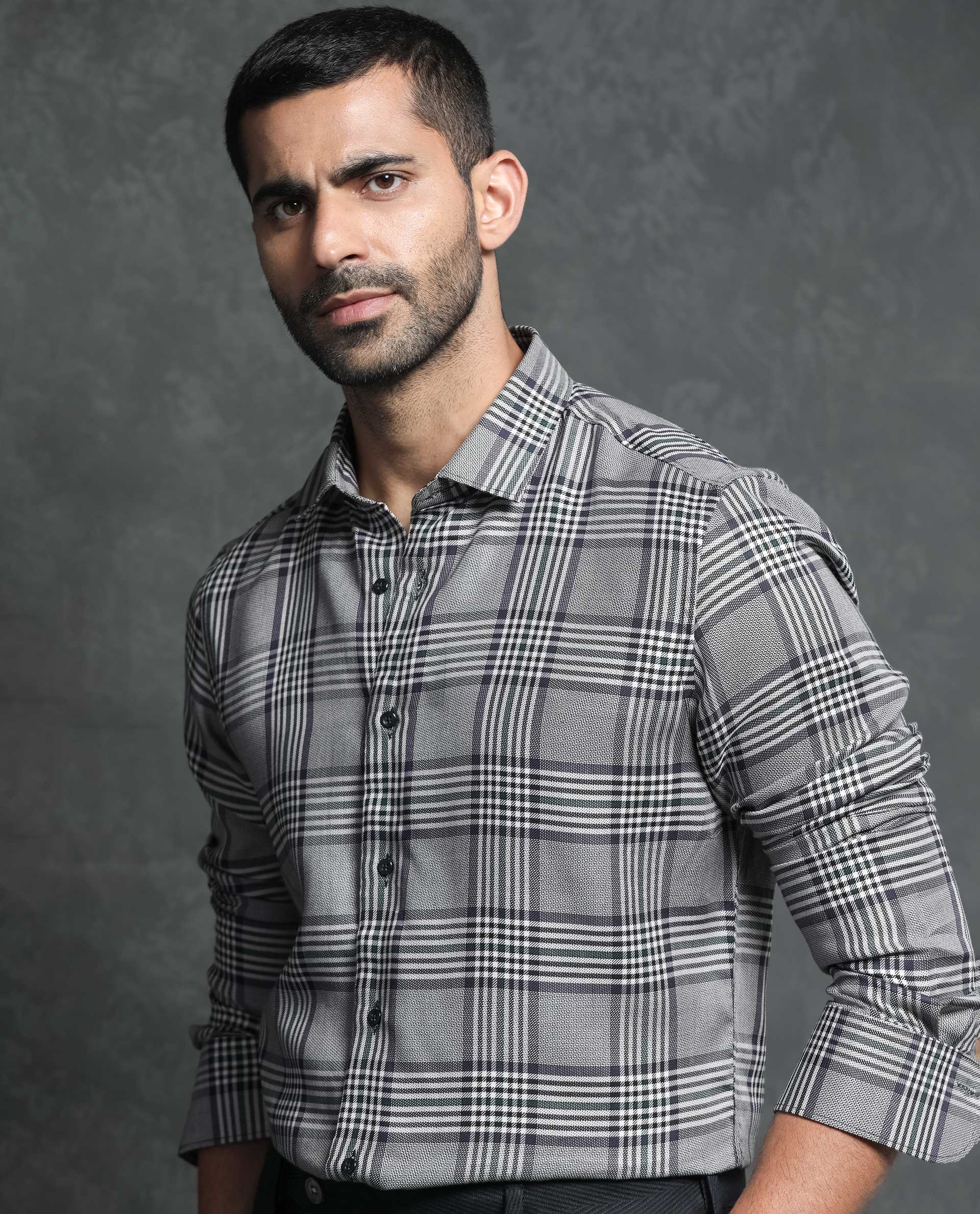Rare Rabbit Men's Fredo Grey Cotton Checked Print Regular Fit Full Sleeve Collared Shirt - Image 3