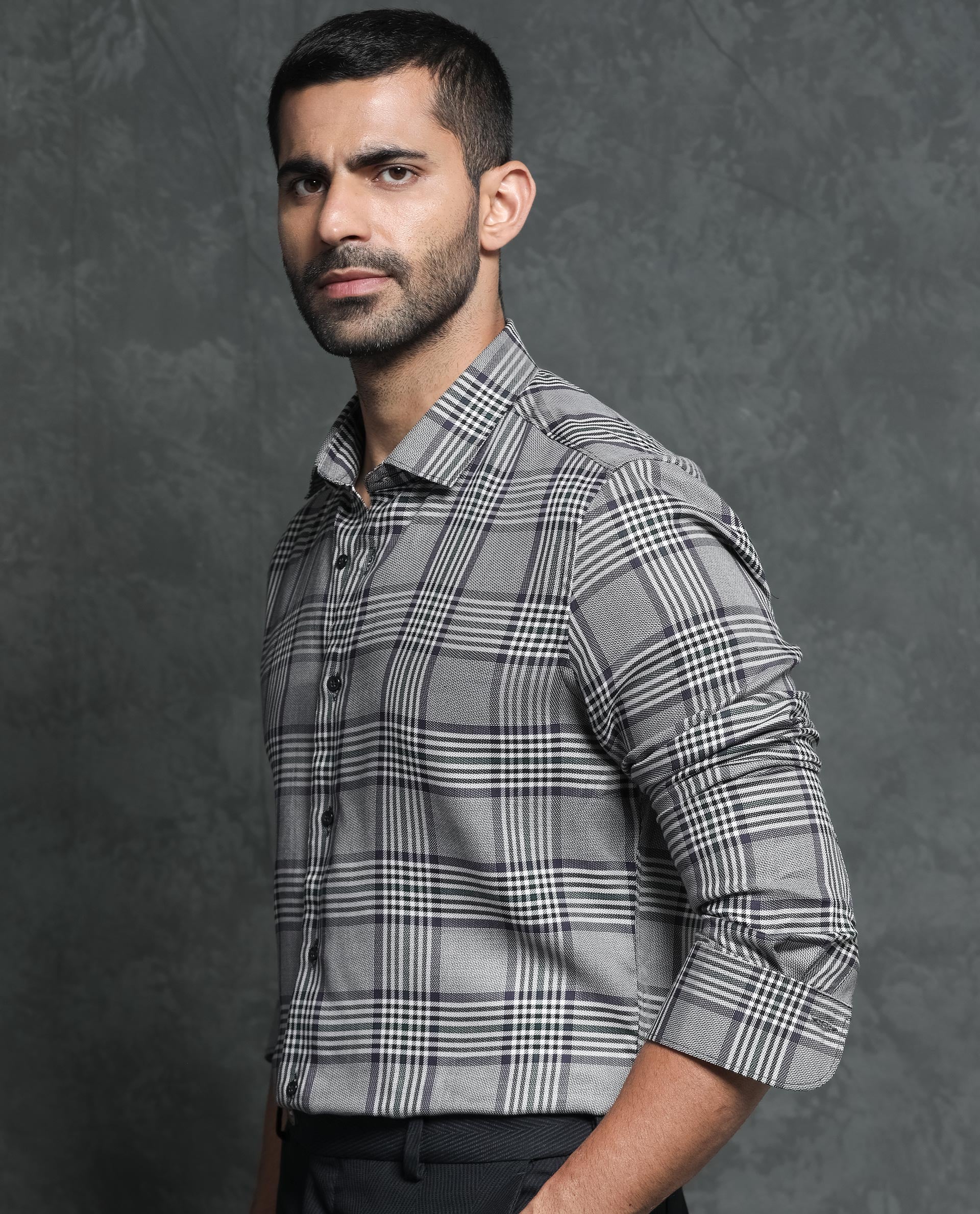 Rare Rabbit Men's Fredo Grey Cotton Checked Print Regular Fit Full Sleeve Collared Shirt - Image 7